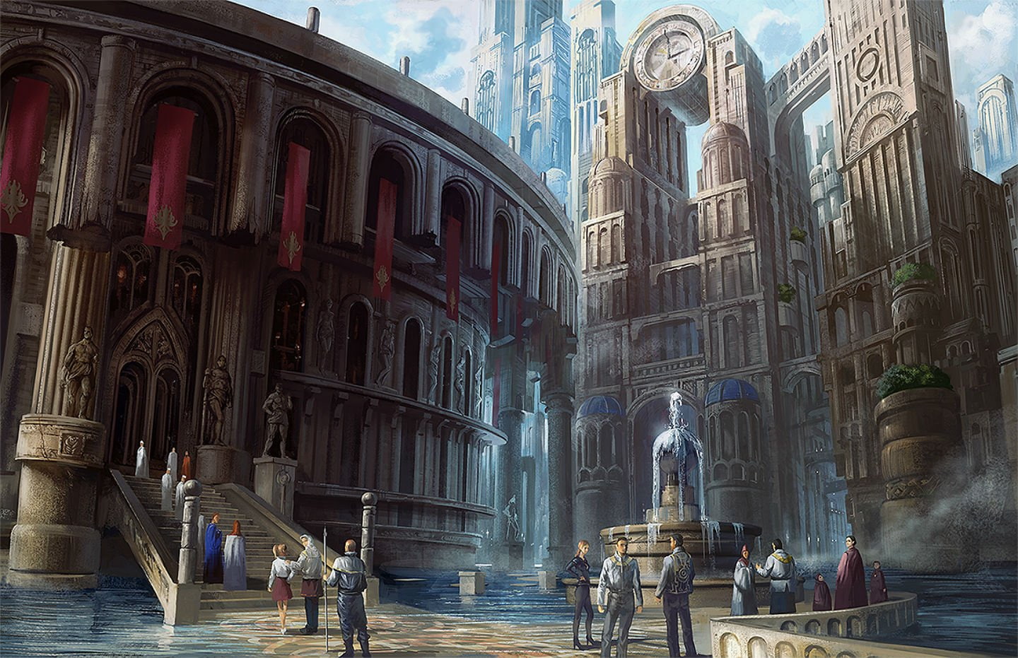 scenic, 720P, building, male, city, water, noba, group, spear, weapon, original, stairs, HD Wallpaper