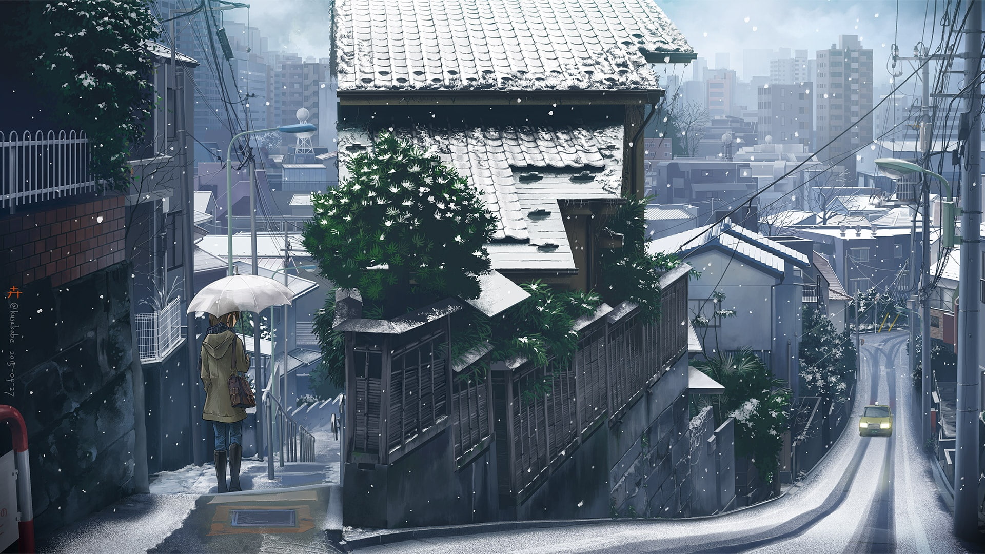 city, car, konachan, 244554, scenic, com, stairs, kusakabe, snow, brown, winter, 1080P, hair, umbrella, artifacts, jpeg, original, building, signed, boots, HD Wallpaper