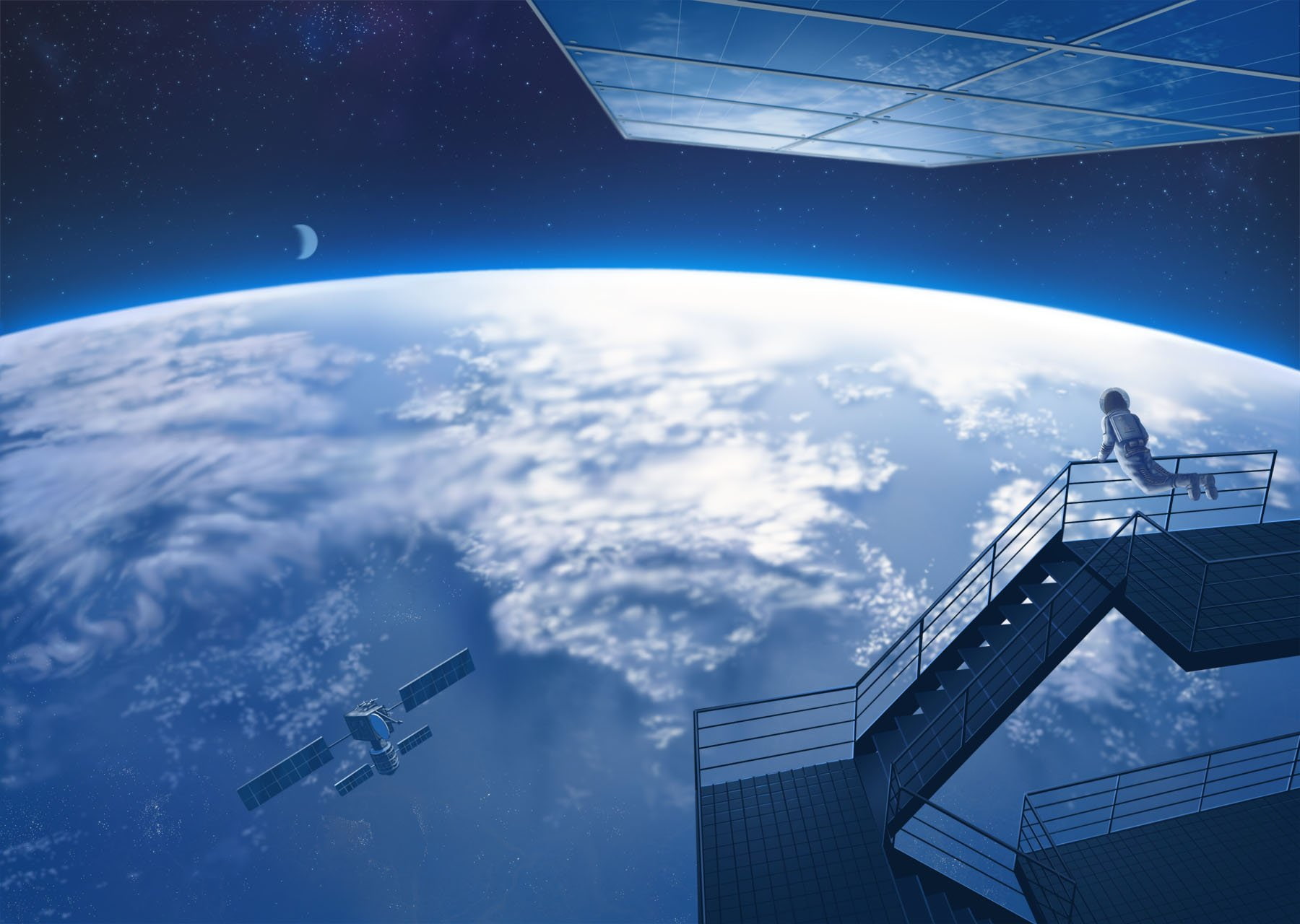 stairs, nauimusuka, space, 720P, scenic, original, jpeg, stars, artifacts, moon, planet, HD Wallpaper