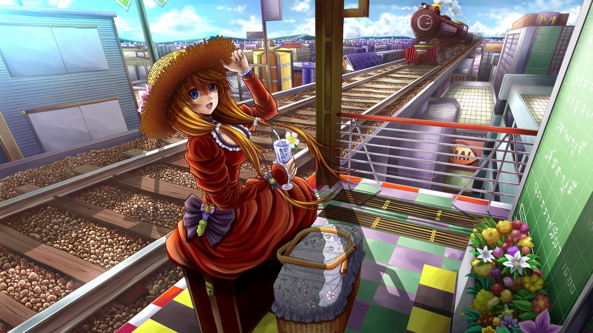 long, flowers, jpeg, eyes, blue, ilolamai, original, brown, hair, drink, hat, scenic, train, bow, dress, artifacts, 1080P, HD Wallpaper
