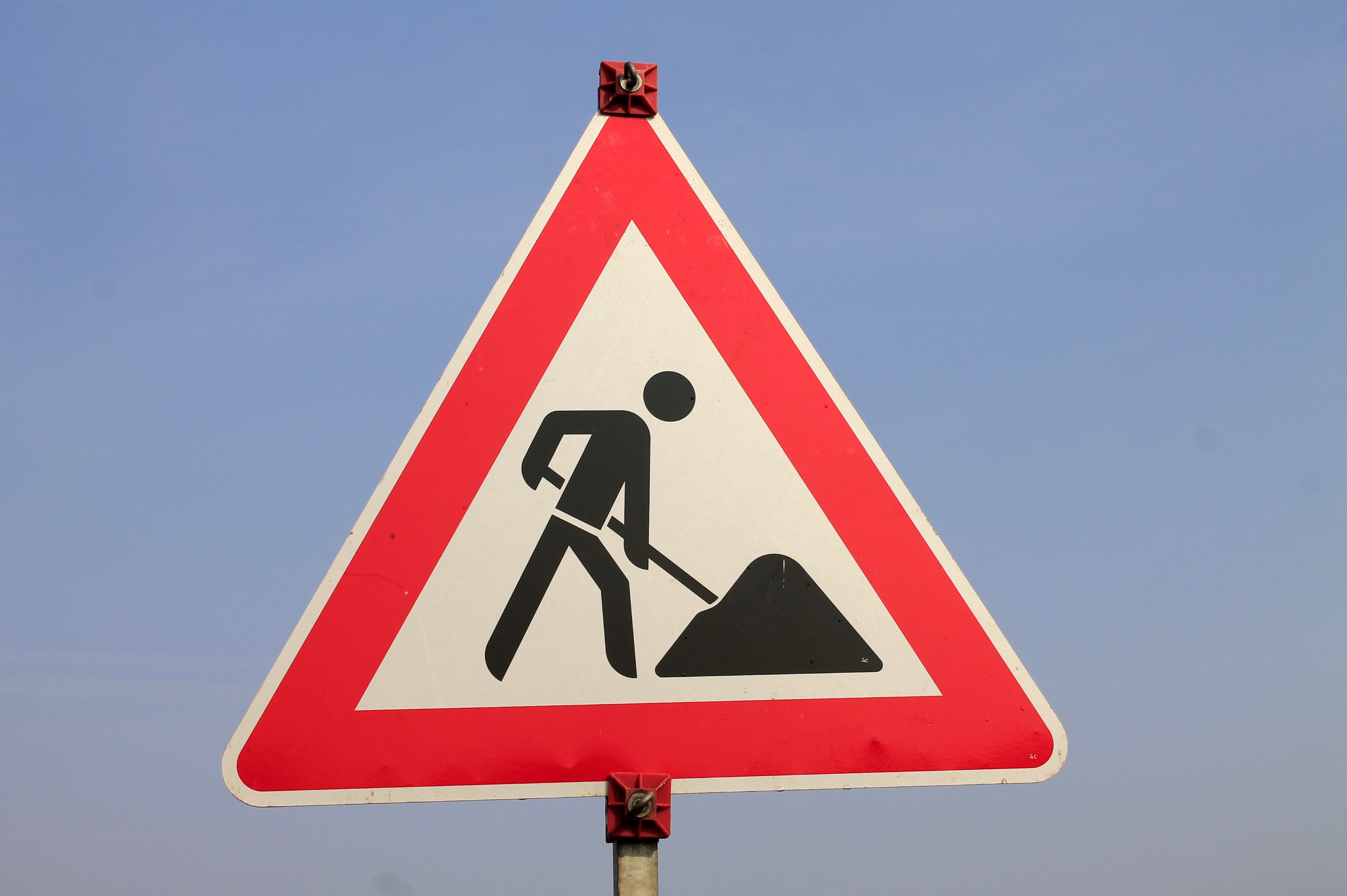 sign, sky, triangle shape, warning sign, human representation, warning symbol, communication, ahead, site, marking, day, note, shield, construction site sign, HD Wallpaper