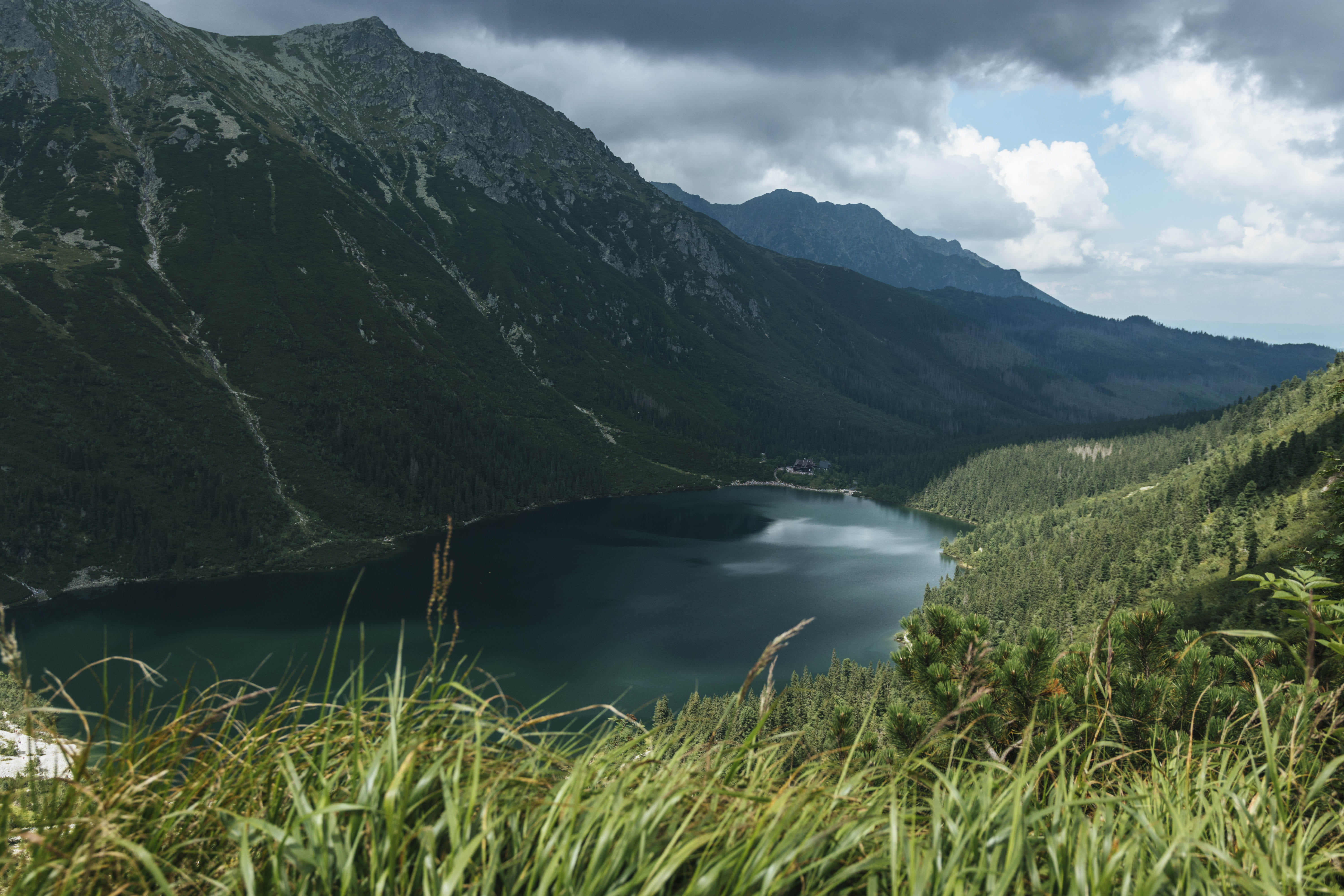 sky, trees, ahead, scenics - nature, outdoors, cloudy, landscapes, mountain, highland, mountains, grass, woods, lake, nature, non-urban scene, no people, HD Wallpaper