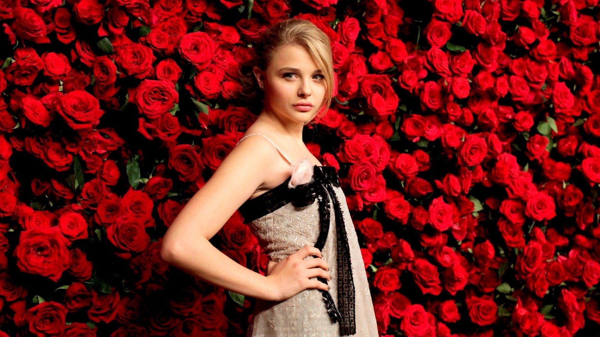 looking at camera, fashion, indoors, young women, blonde, celebrity, Chloë Grace Moretz, plant, red, young adult, 1080P, beauty in nature, standing, actress, HD Wallpaper