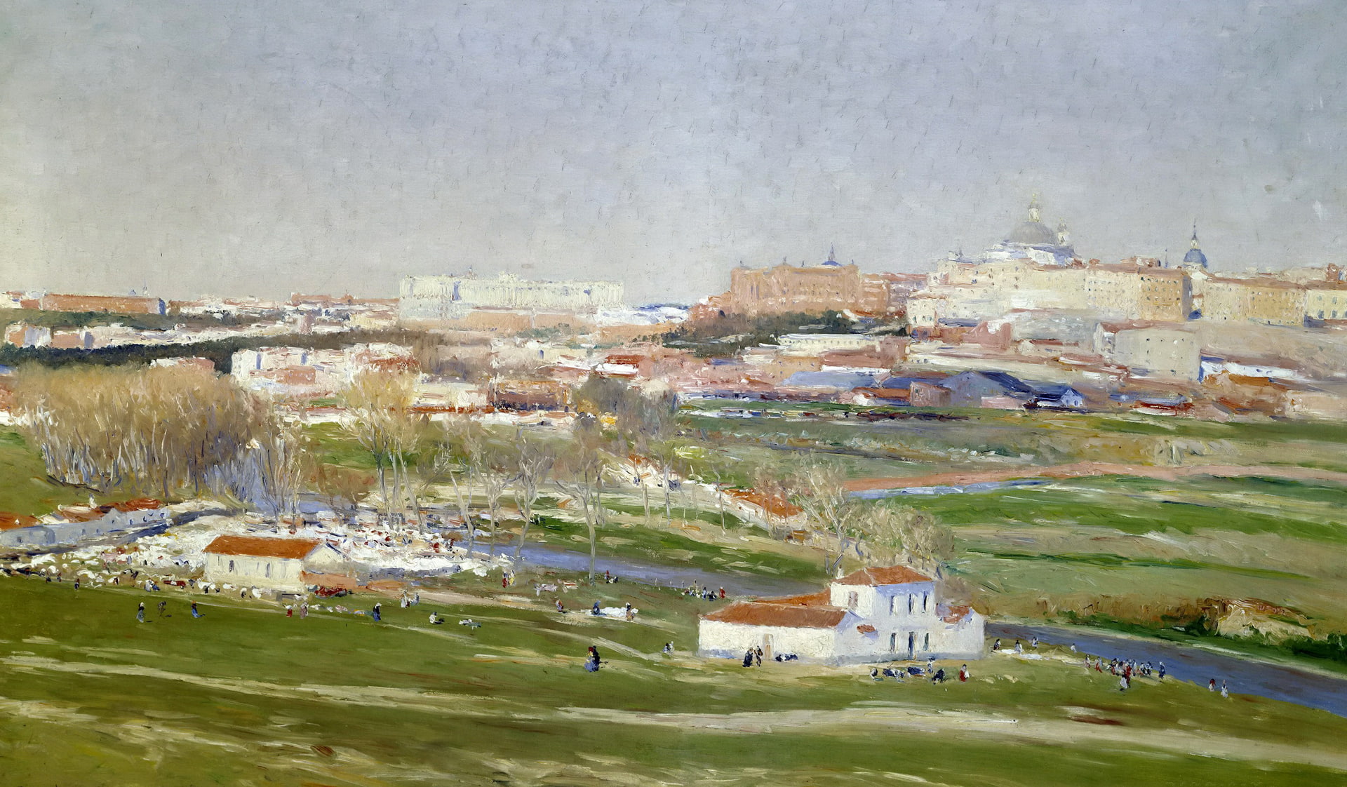 landscape, 1080P, picture, home, Aureliano de Beruete and Moret, the city, river, people, The view on the meadows of San Isidro in Madrid, HD Wallpaper