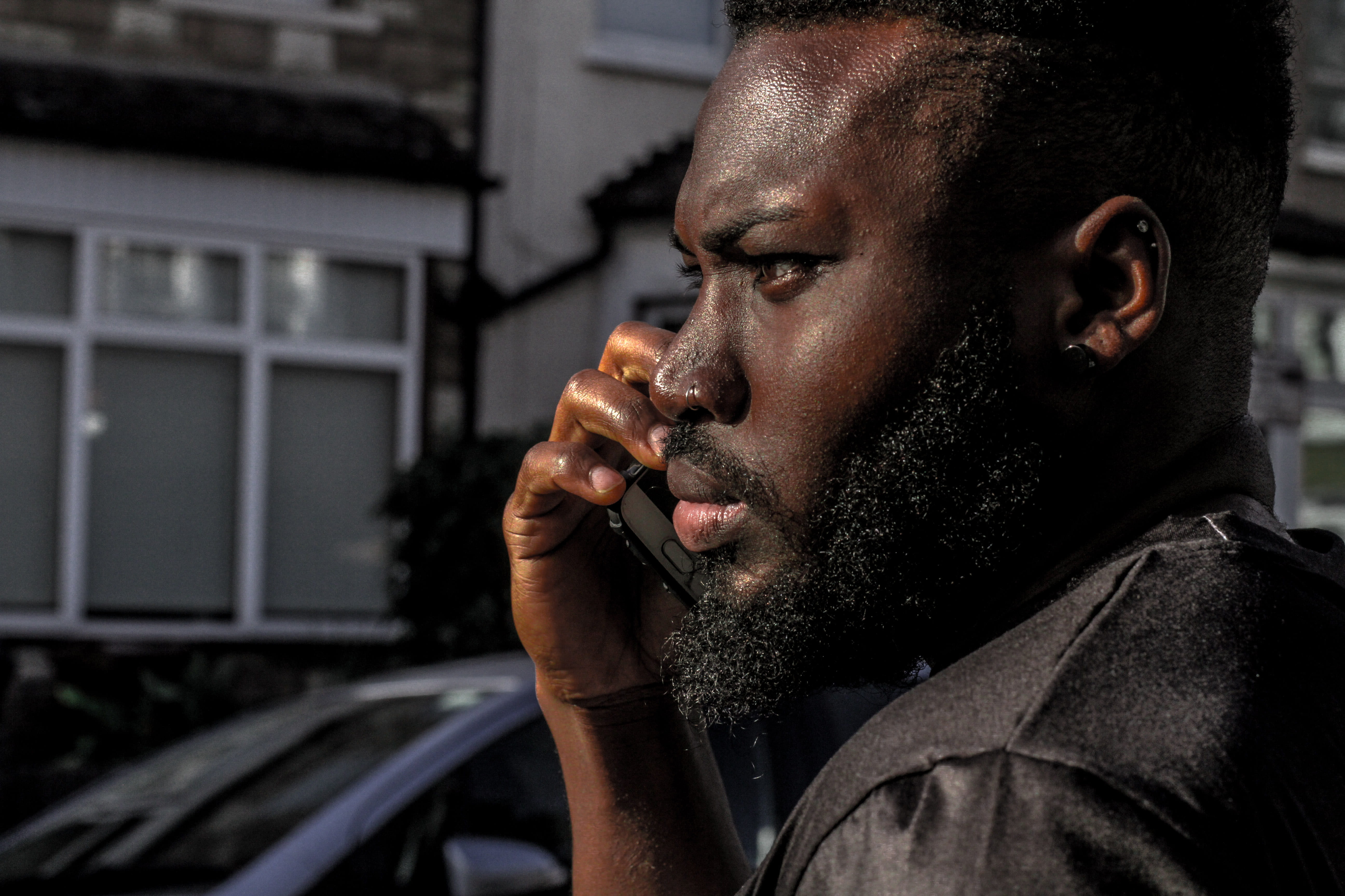 one person, leisure activity, beard, headshot, focus on foreground, men, london, black, street, real people, phone, beauty, profile view, young adult, edgy, HD Wallpaper
