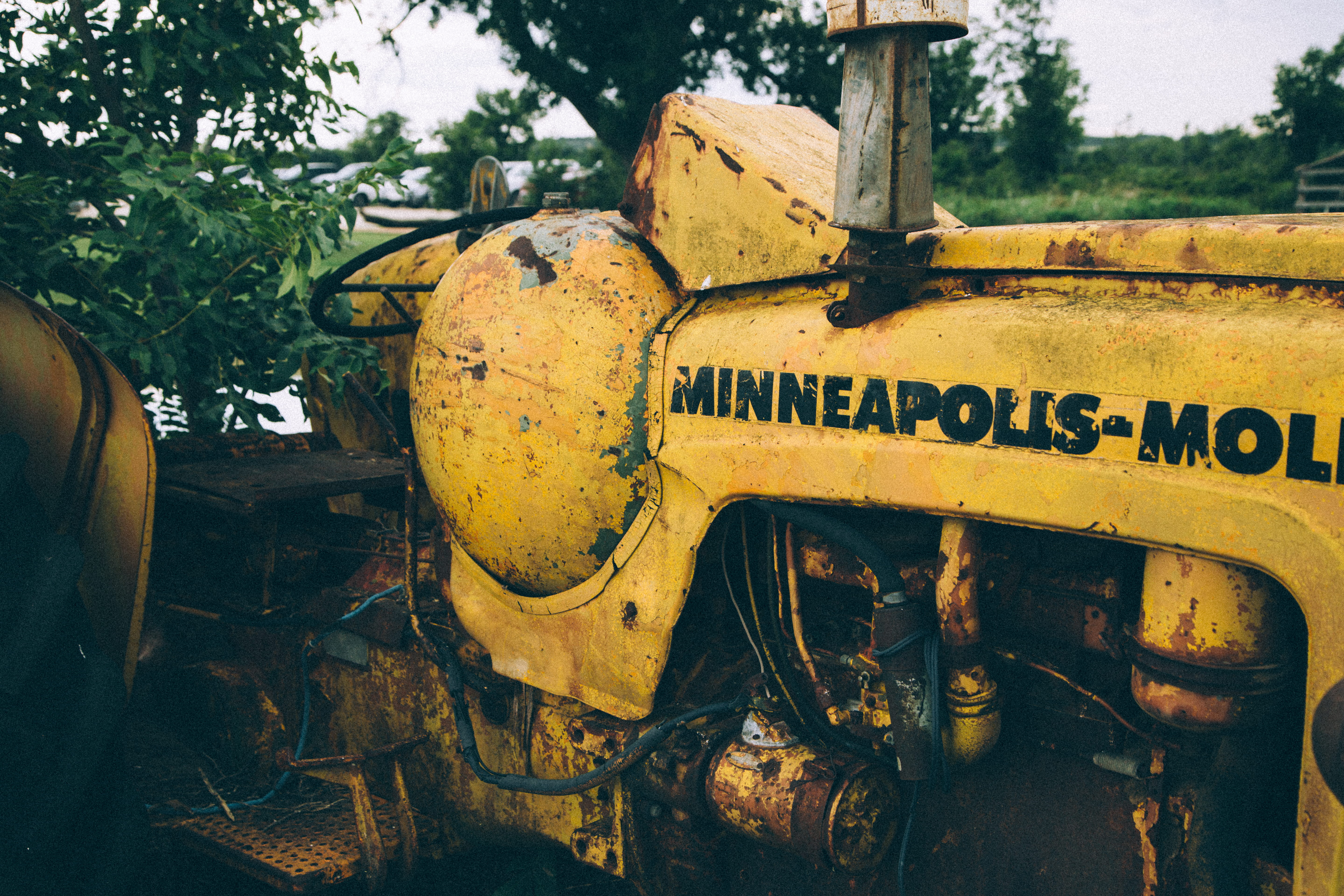 land vehicle, grungy, ruined, mode of transportation, school bus, 2017, day, plant, land, tree, western script, edgy, agriculture, nature, outdoors, tractor, HD Wallpaper