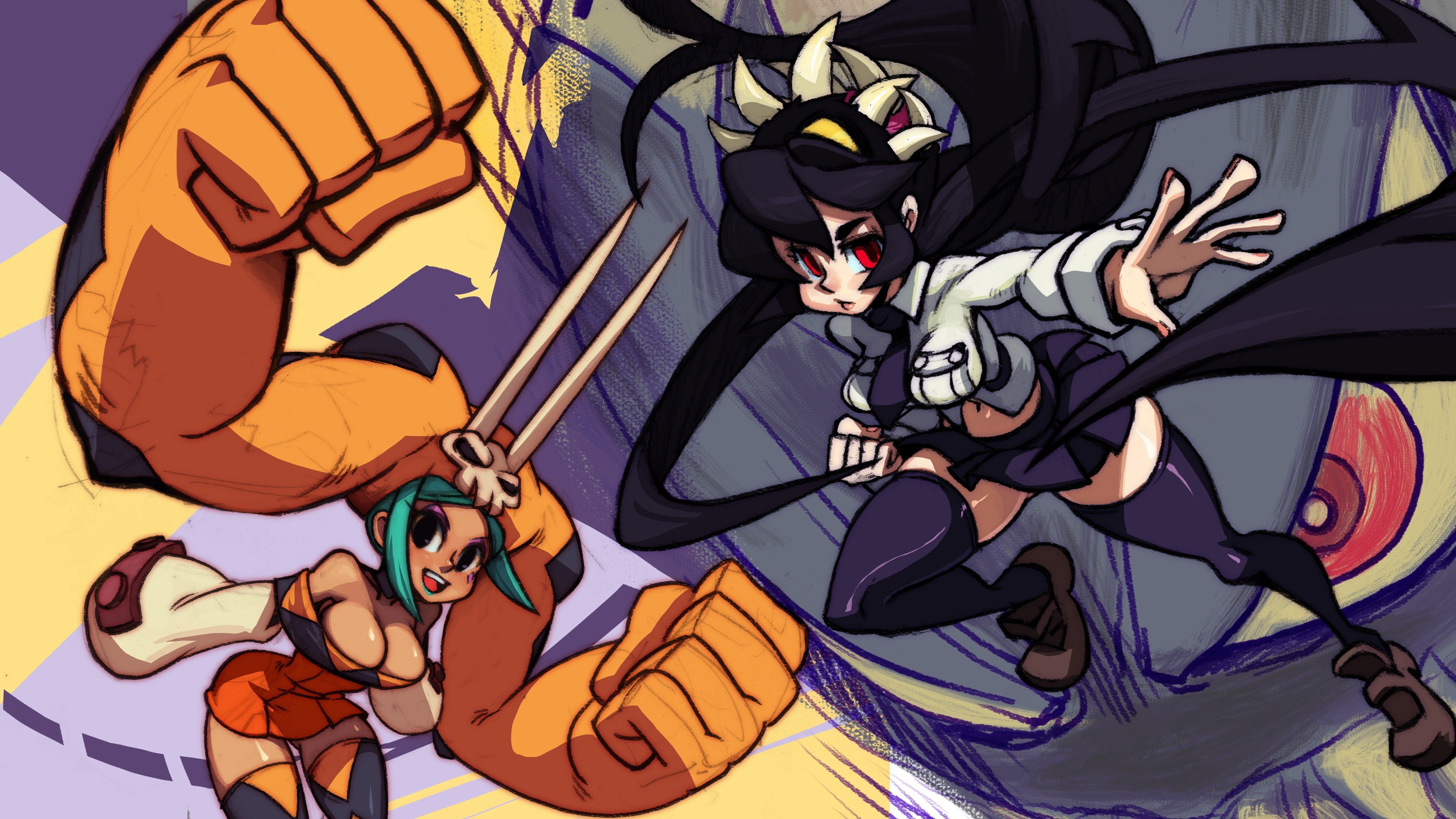 action, chibi, 1sgirls, 4K, mahga, warrior, fighting, girl, skull, skullgirls, anime, cerebella, filia, girls, HD Wallpaper