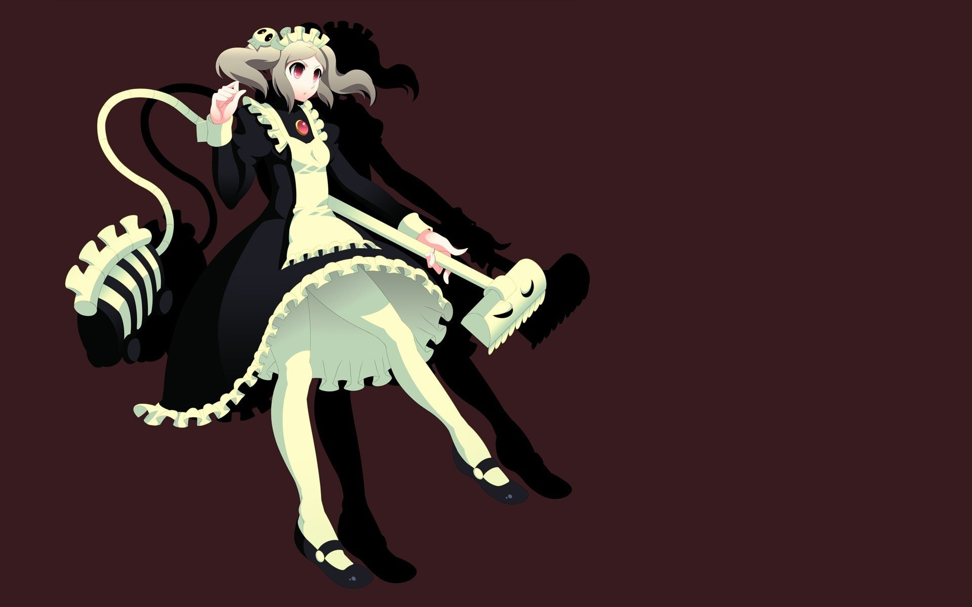 simple, action, girl, aprons, skulls, 1080P, skull, cleaners, background, eyes, maids, warrior, mahga, maid, red, costumes, vacuum, 1sgirls, girls, skullgirls, HD Wallpaper