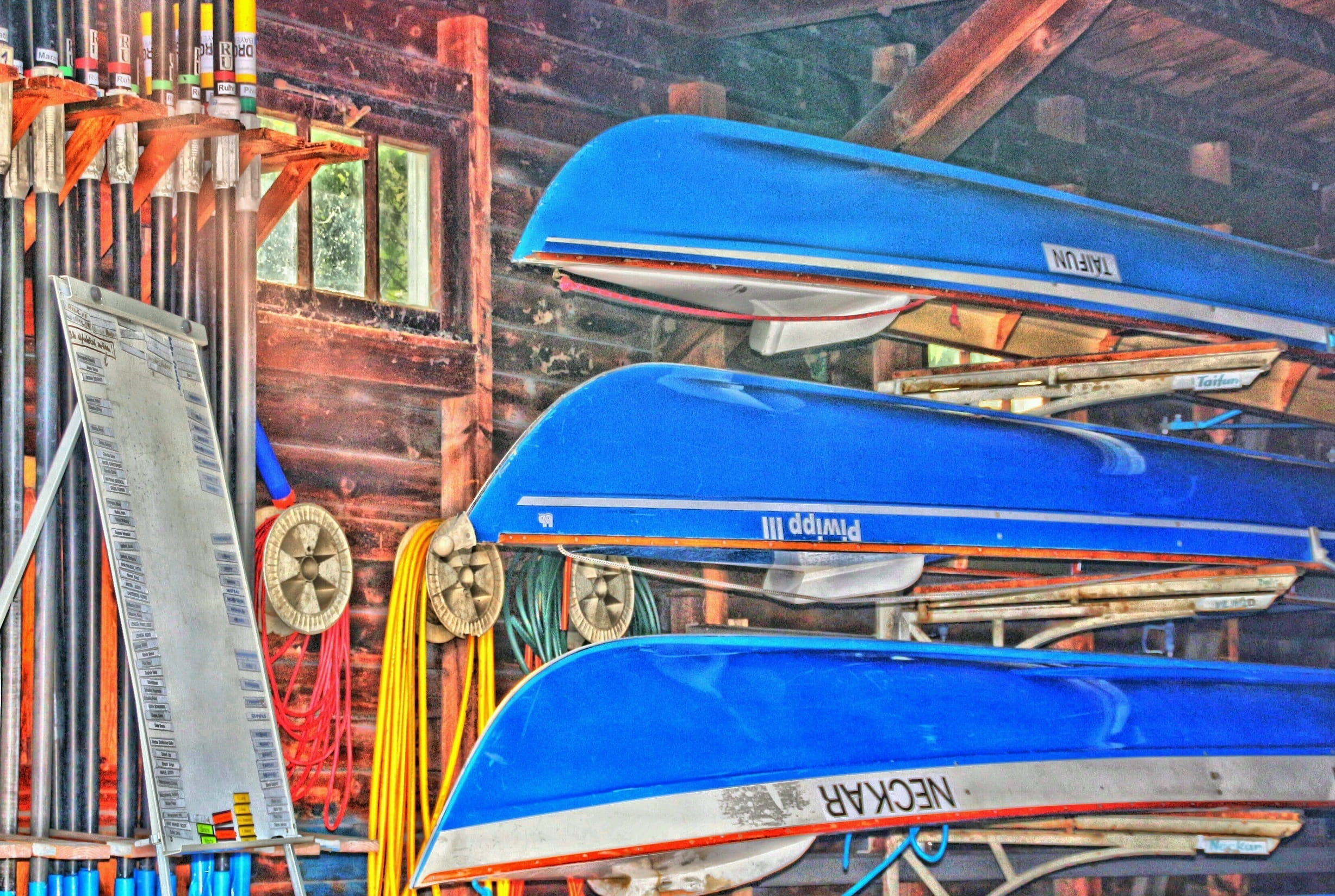 nature, metal, day, chair, building exterior, seat, 1080P, market, amusement park, boat house, close-up, built structure, building, blue, board, River, HD Wallpaper