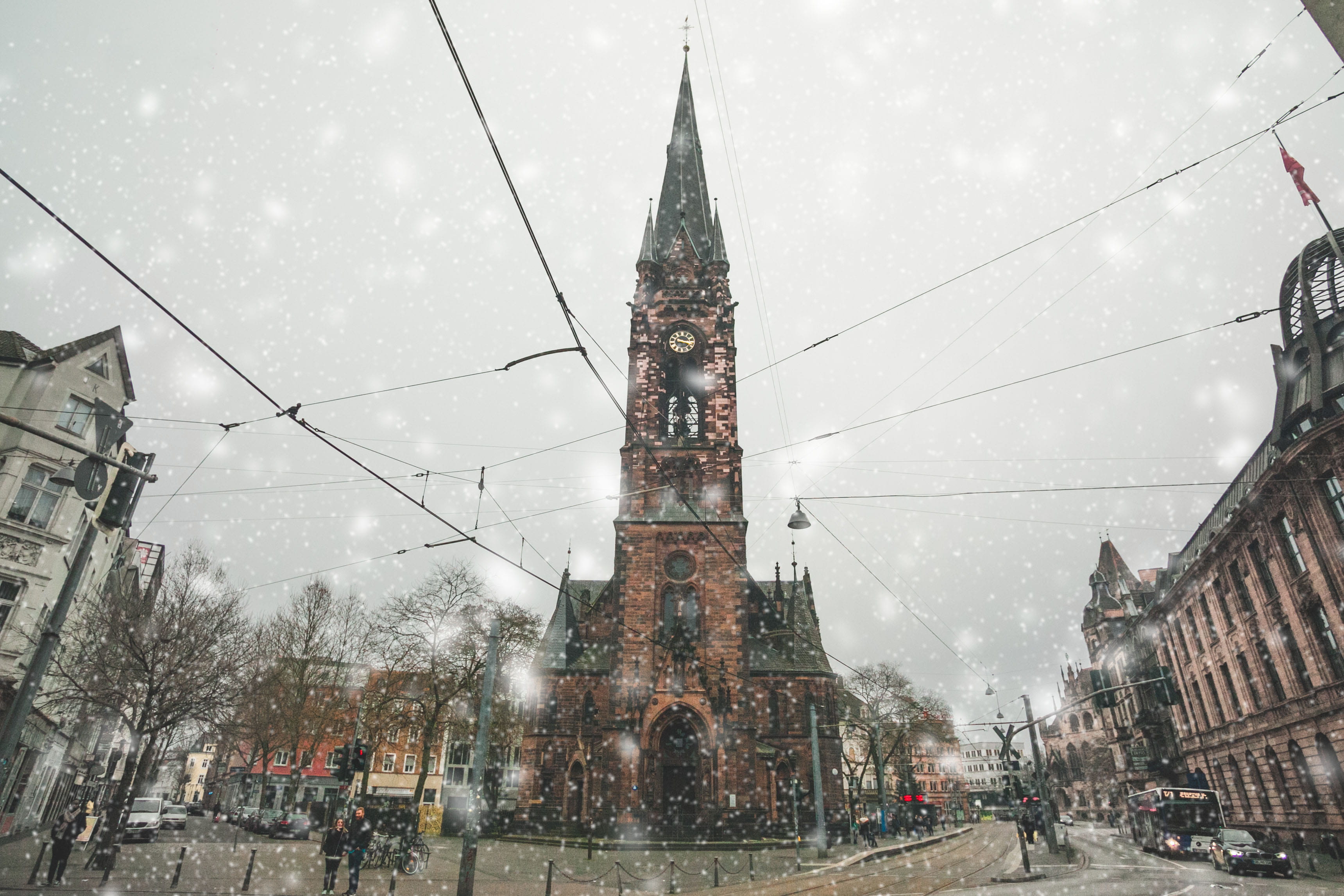 travel, city, snow, time, spirituality, architecture, church, cold temperature, watch, 2K, building exterior, place of worship, winter, building, center, HD Wallpaper