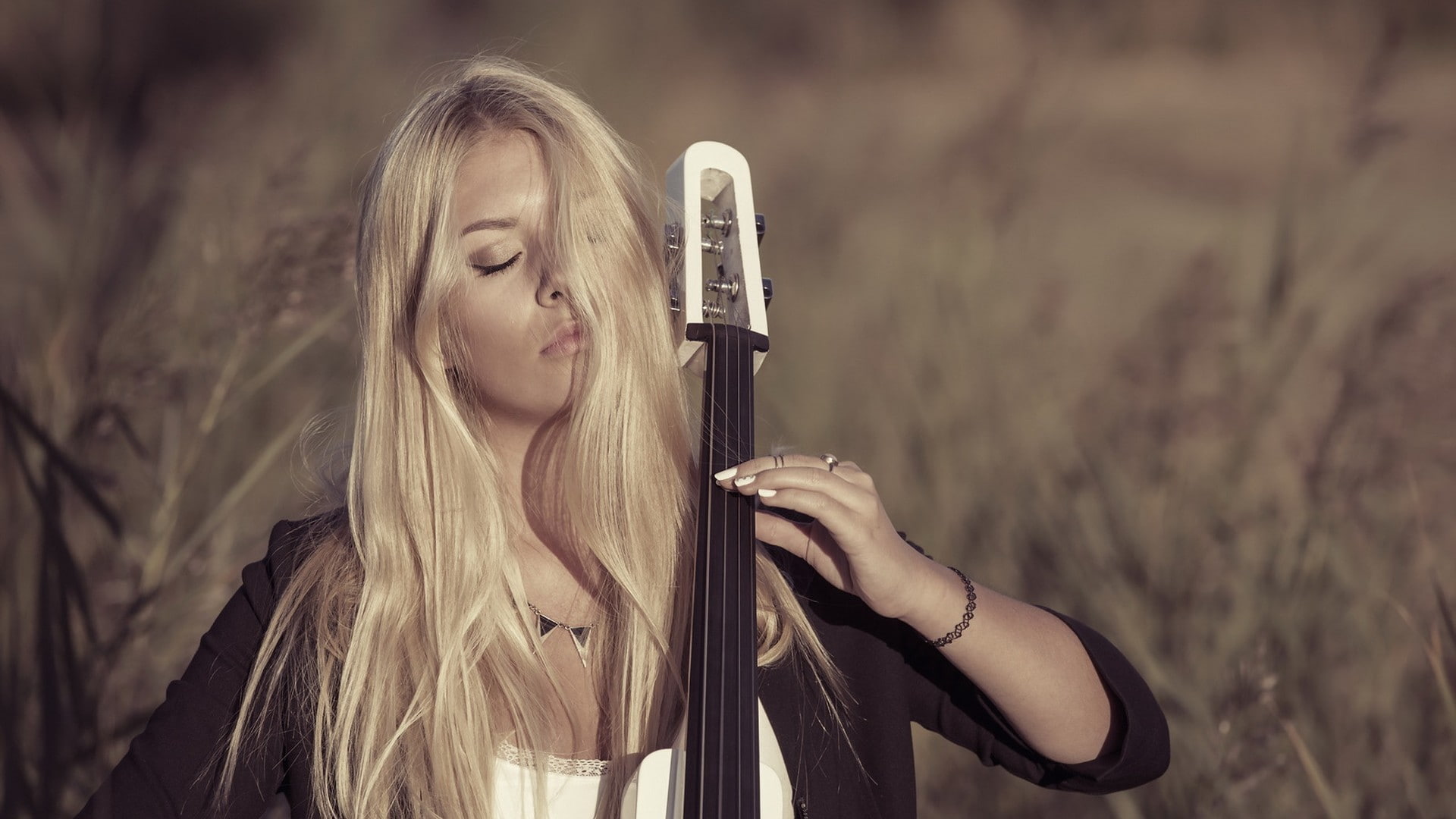 long hair, women outdoors, closed eyes, field, women, contrabass, music, cello, model, playing, 1080P, depth of field, blonde, nature, hair in face, HD Wallpaper