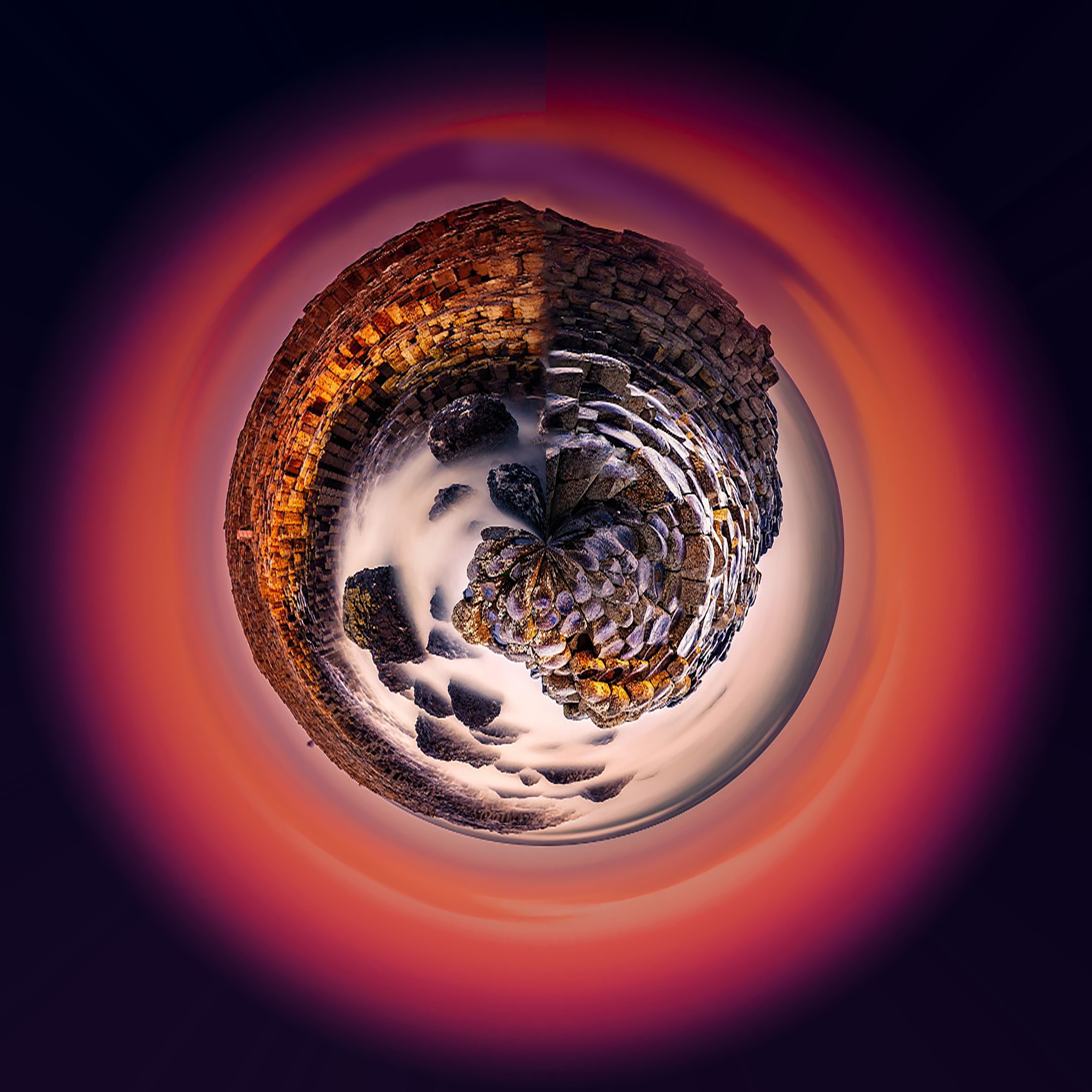 auto post production filter, circle, bizarre, orange color, ring diagram, beauty in nature, giants causeway, design, digital composite, 1080P, shape, indoors, Phone HD Wallpaper