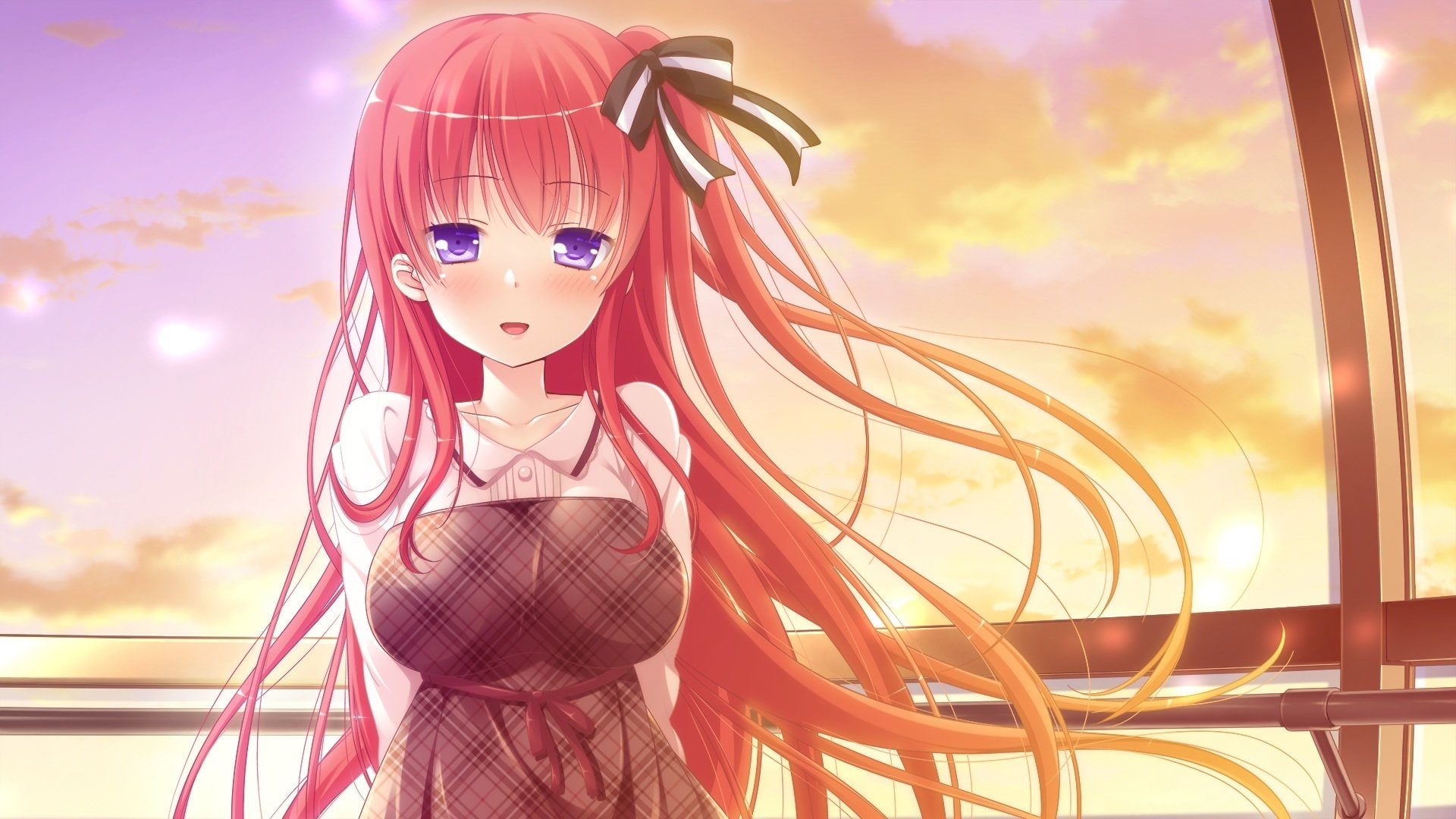 Blush, 1080P, Eerisu Erenoaru, Red Hair, Smile, Girl, Dress, Anime, Long Hair, Purple Eyes, Unlucky re:birth/reverse, HD Wallpaper