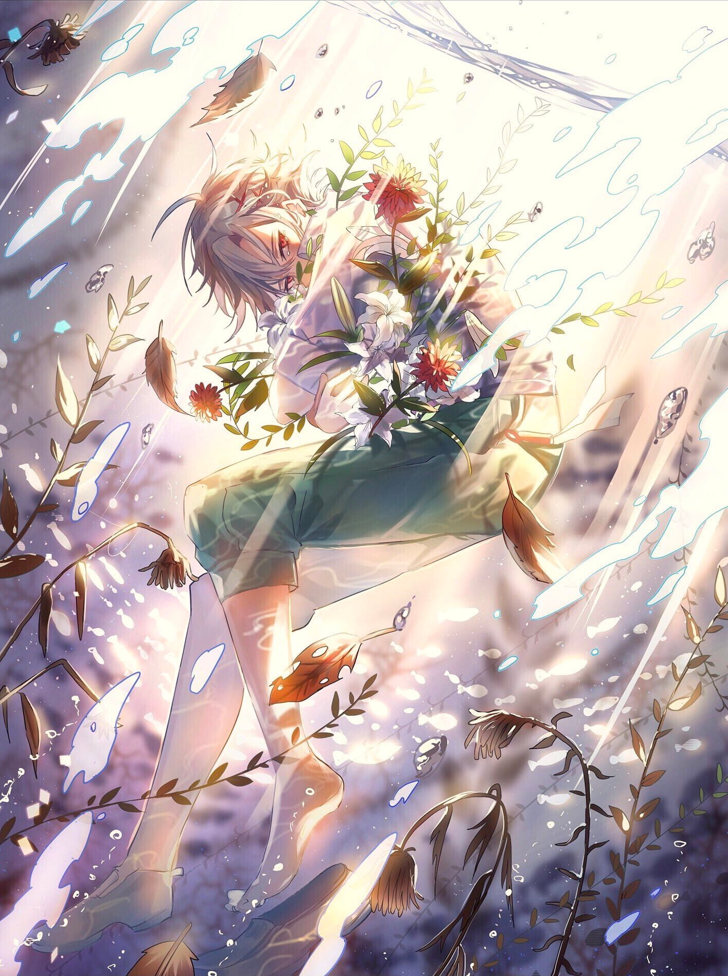 Male, underwater, bubbles, white hair, red eyes, plants, anime boys, flowers, water, 720P, hair accessories, crying, anime, hugging, leaves, Phone HD Wallpaper