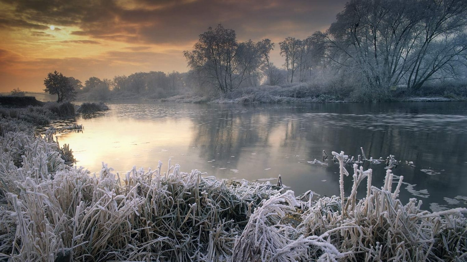 frost, scenics - nature, clouds, trees, non-urban scene, outdoors, lake, beauty in nature, snow, plant, tranquil scene, shrubs, winter, reflection, no people, HD Wallpaper