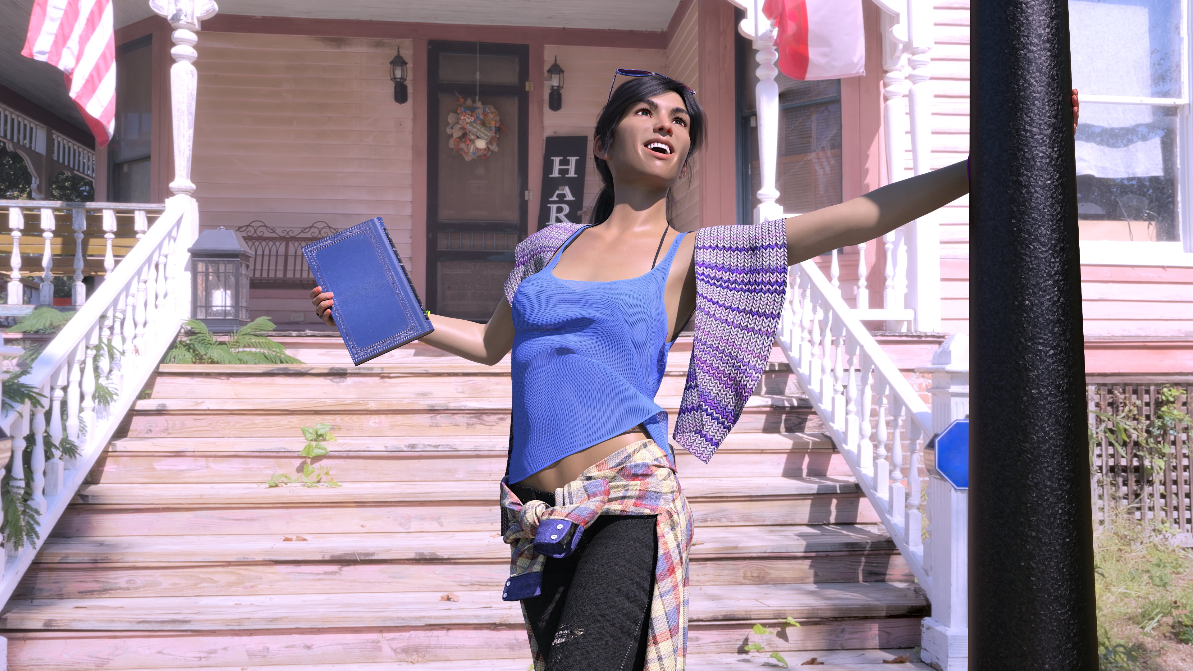 tank top, Kev-Art, street light, books, lantern, sunglasses, jeans, 4K, green eyes, sunlight, Sakirah Rodaun, smiling, plaid shirt, blue shirt, scarf, HD Wallpaper