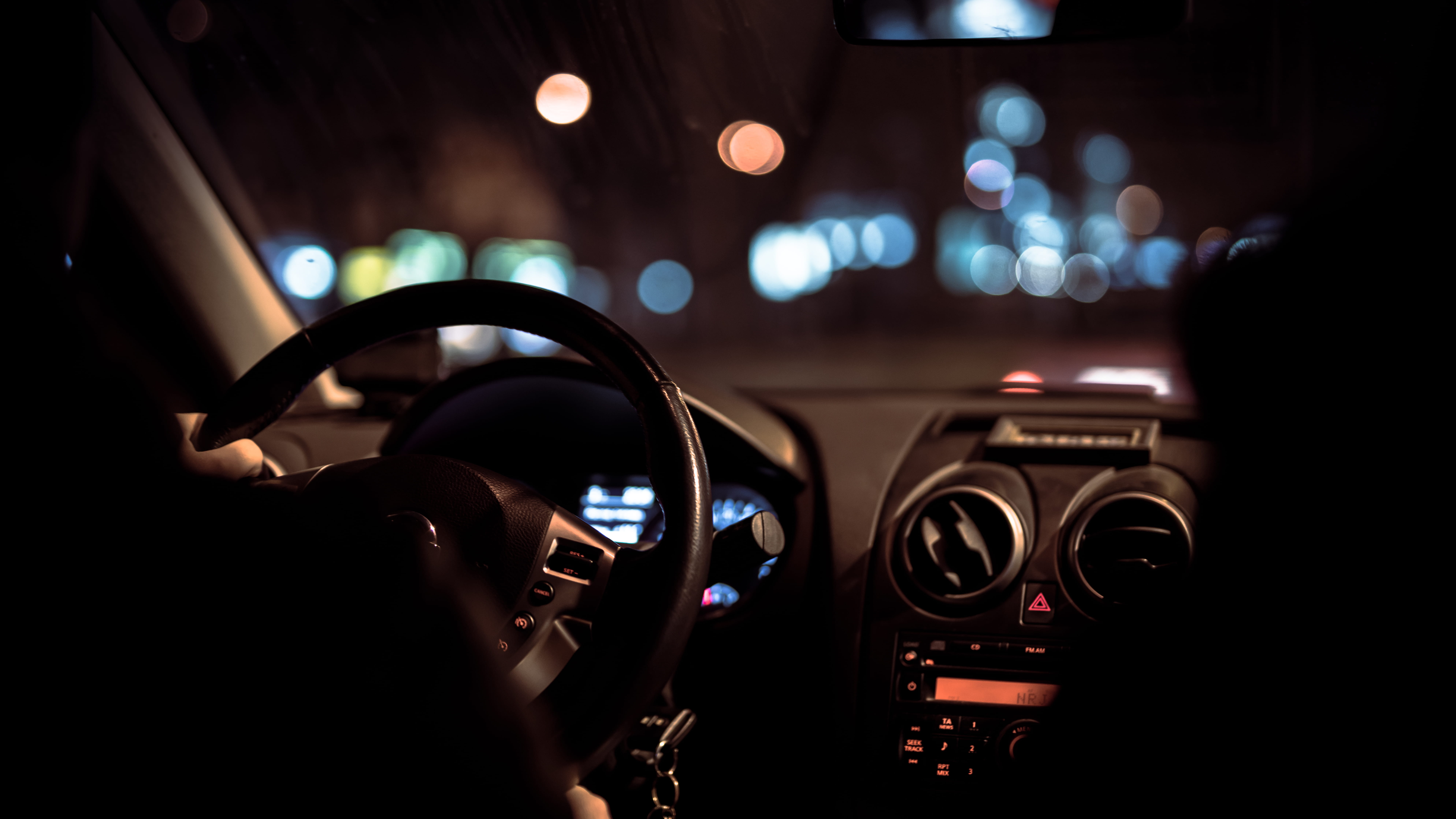 control panel, indoors, control, car interior, bokeh, technology, black, person, vehicle, 8K, dashboard, illuminated, transportation, close-up, driving, HD Wallpaper