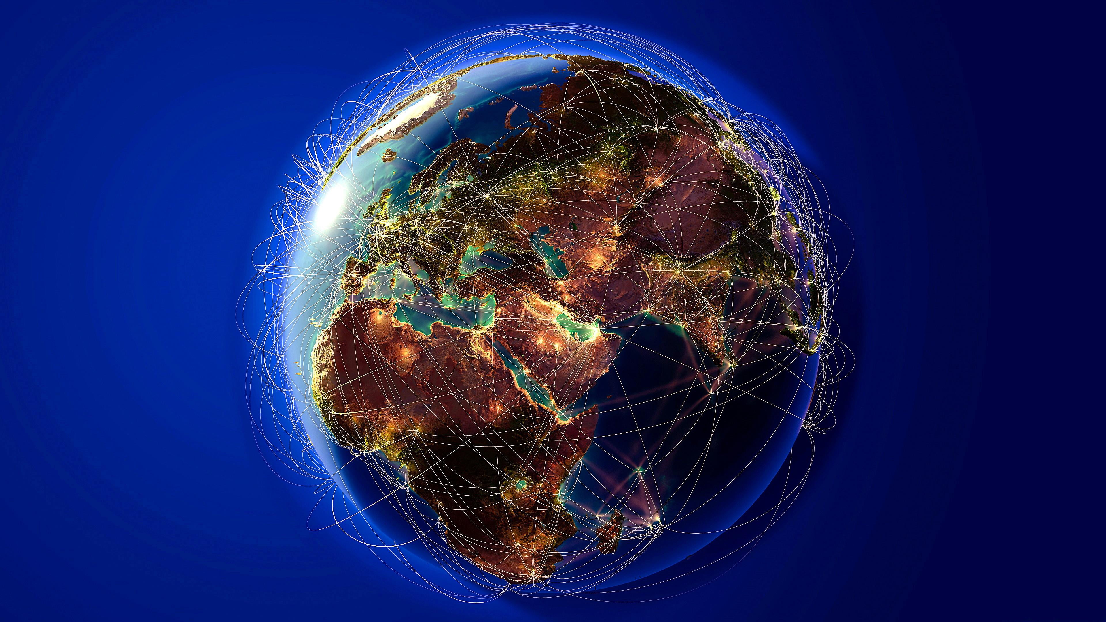 illuminated, shape, nature, air routes, blue background, light beam, space, globe, 4K, glowing, studio shot, planet earth, technology, colored background, HD Wallpaper
