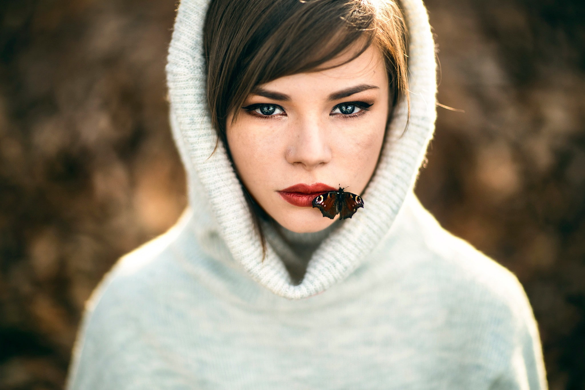 clothing, adult, beautiful woman, lepidoptera, scarf, portrait, hairstyle, human face, beautiful people, 1080P, human lips, insect, focus on foreground, HD Wallpaper
