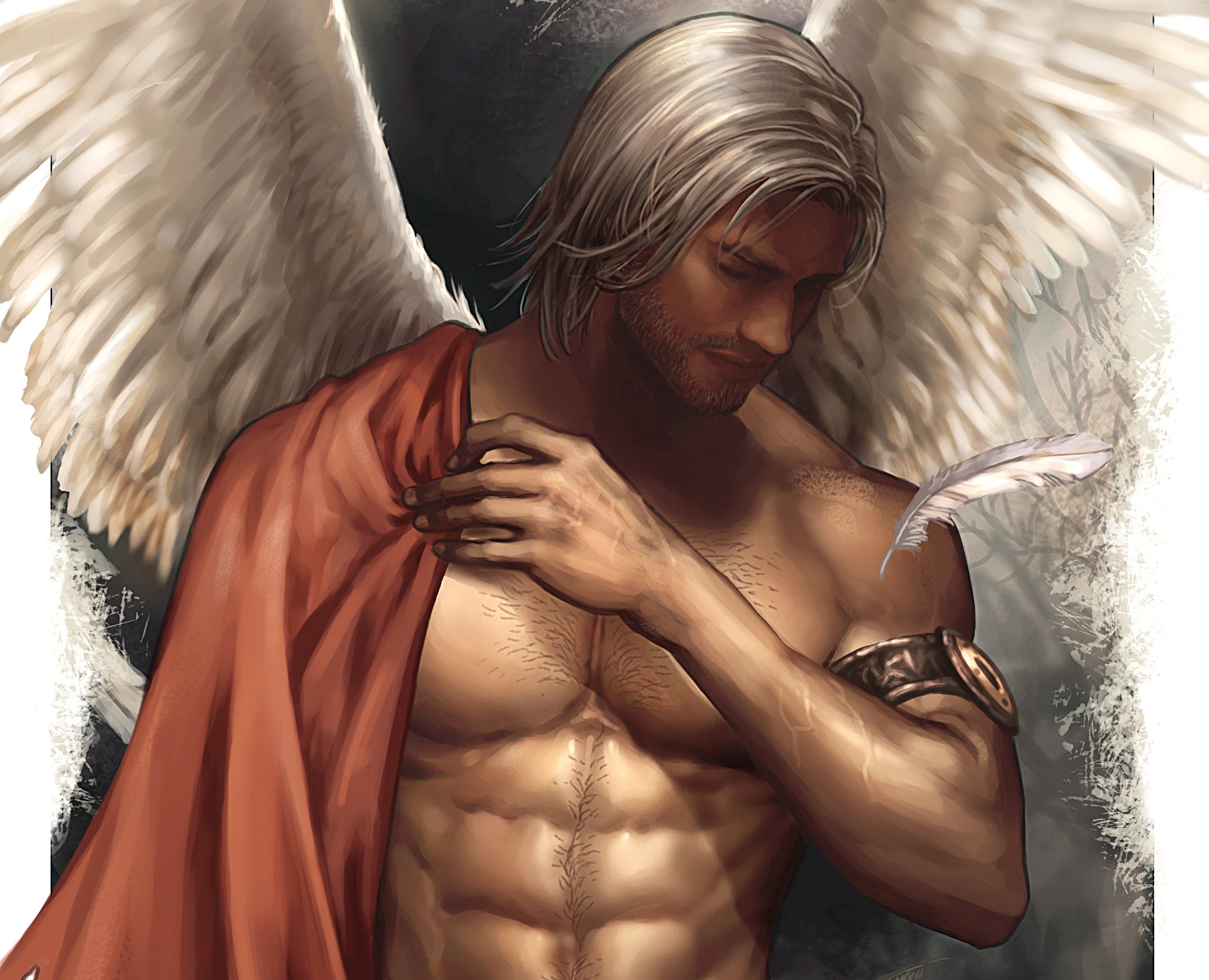 White Hair, Angel, Sad, Feather, Cute, Wings, 1080P, Fantasy, Man, HD Wallpaper