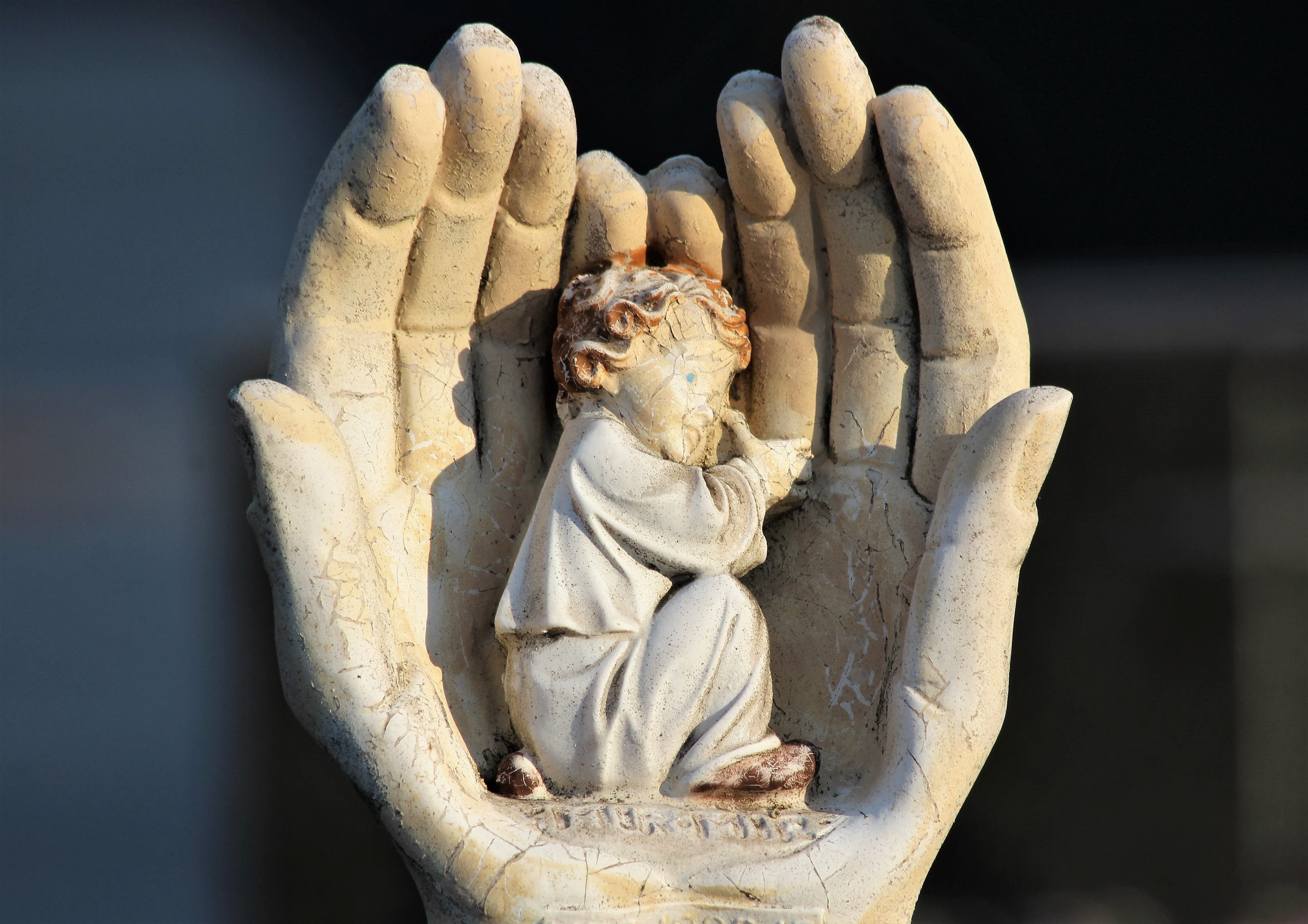 female likeness, resting in hands, craft, no people, stone material, faith, spirituality, religion, human representation, history, creativity, figure, 4K, HD Wallpaper