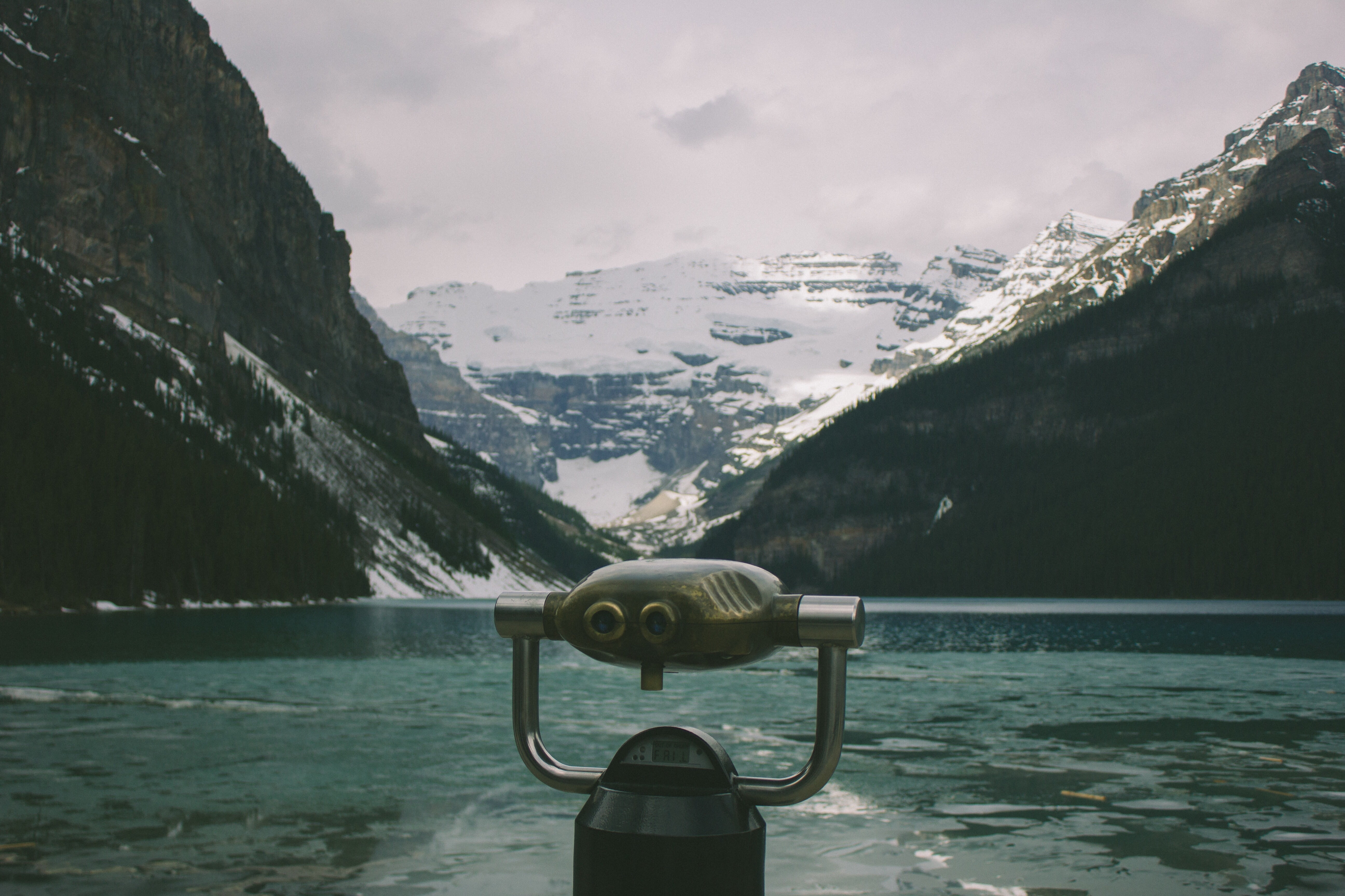 mountain lake, scope, nature, mountain range, idyllic, day, scenics - nature, black, 5K, season, snow, tranquil scene, instrument, gray, mountains, metal, HD Wallpaper