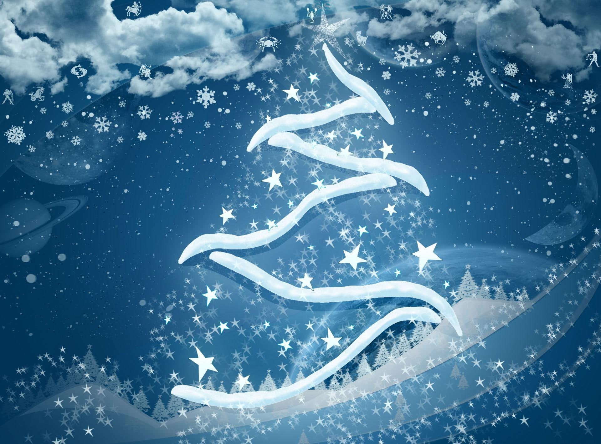 planets, christmas, signs, snowflakes, tree, 1080P, zodiac, zodiac signs, clouds, stars, christmas tree, HD Wallpaper