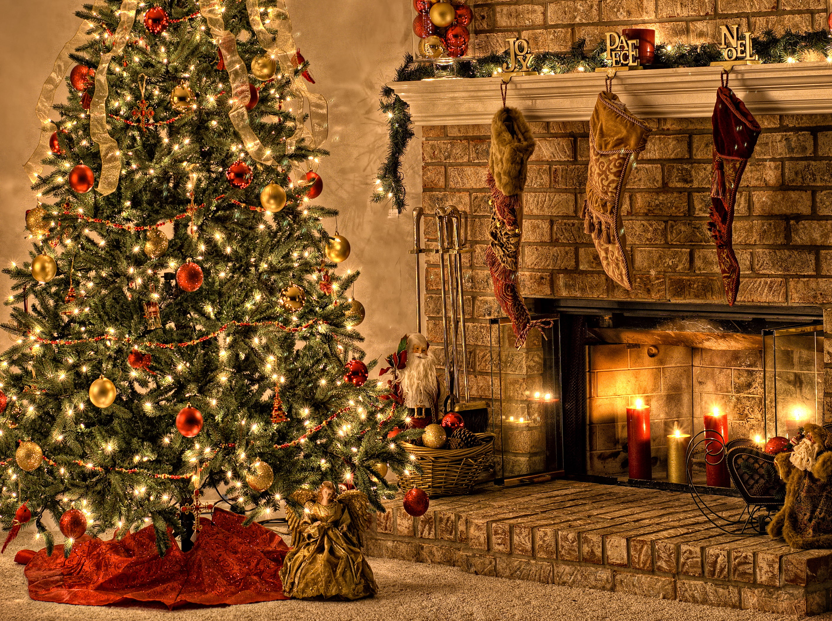 Christmas tree, colorful, decoration, Santa Claus, 2K, angel, candles, fireplace, The inscription, Santa, Joy Peace Noel, lights, HD Wallpaper