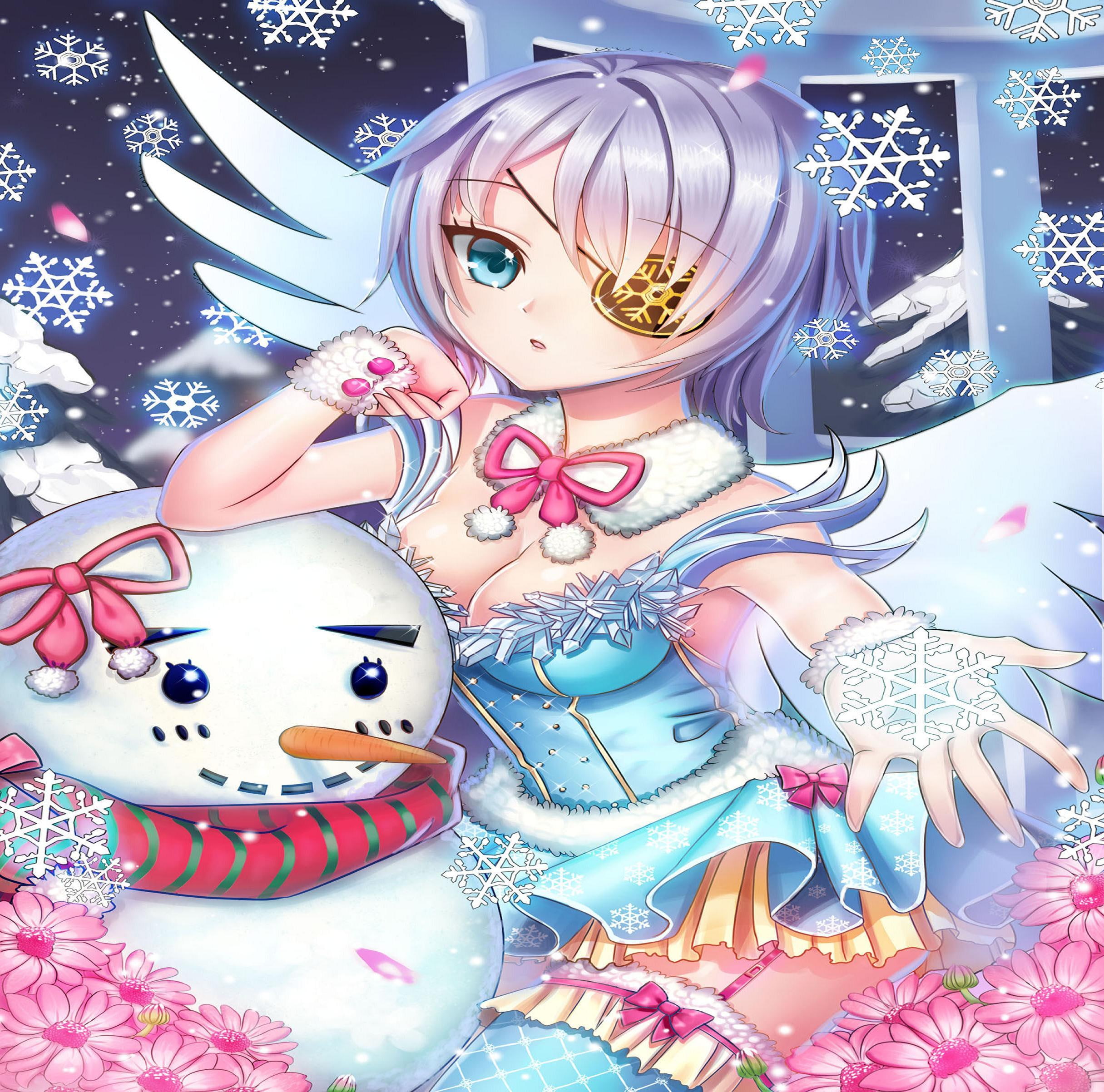 flina, sword-girls, snowman, snow, winter, angel, orginal, christmas, 1080P, girl, iri, HD Wallpaper