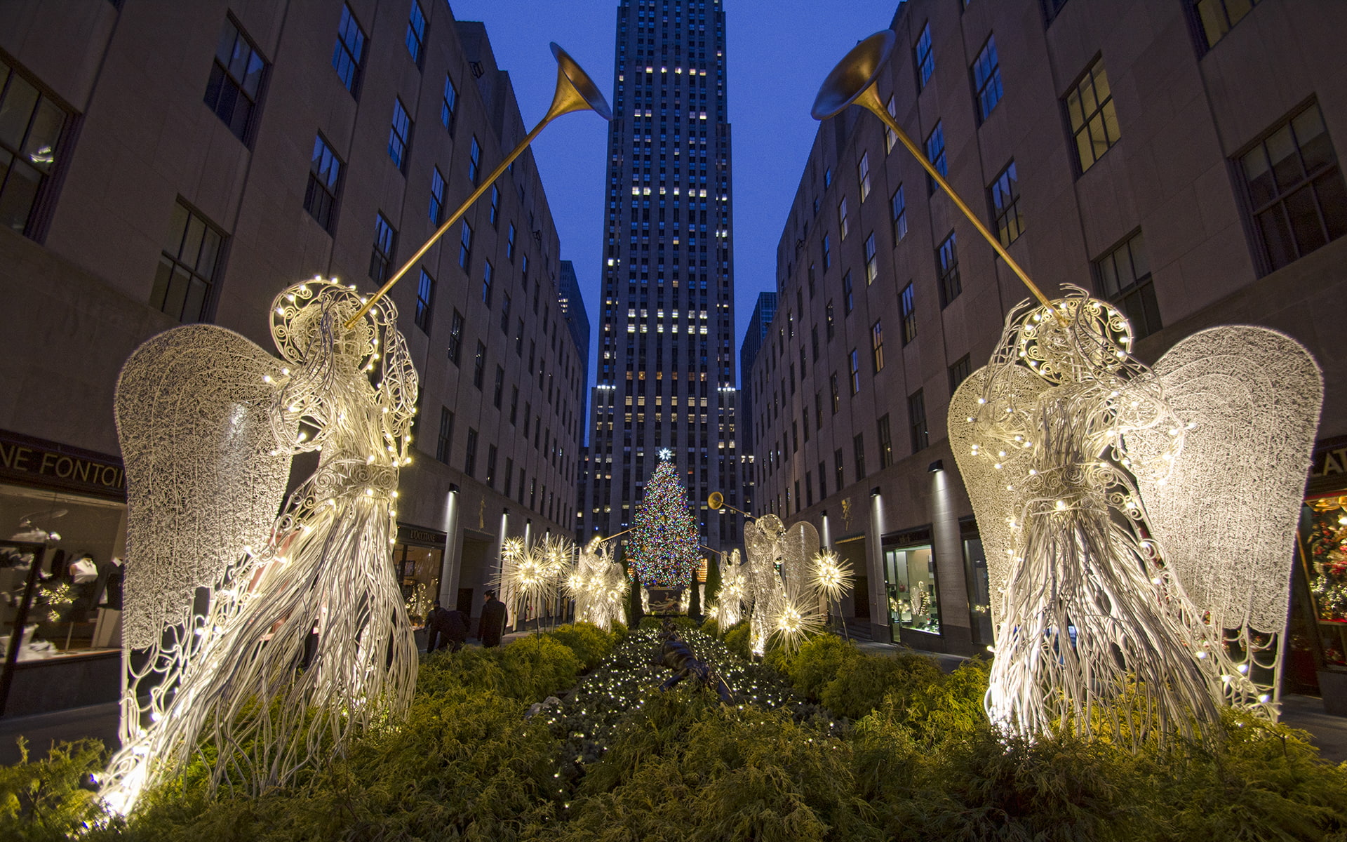 christmas, buildings, angel, 1080P, tree, skyscrapers, hd, cityscape, horn, HD Wallpaper