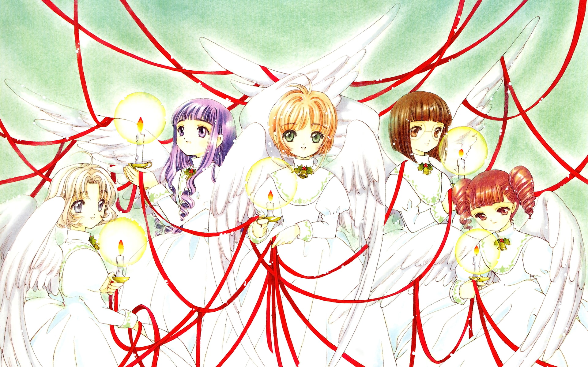 ribbons, group, sasaki, captor, brown, twintails, red, short, 1080P, glasses, long, eyes, sakura, wings, card, hair, green, rika, christmas, clamp, angel, HD Wallpaper