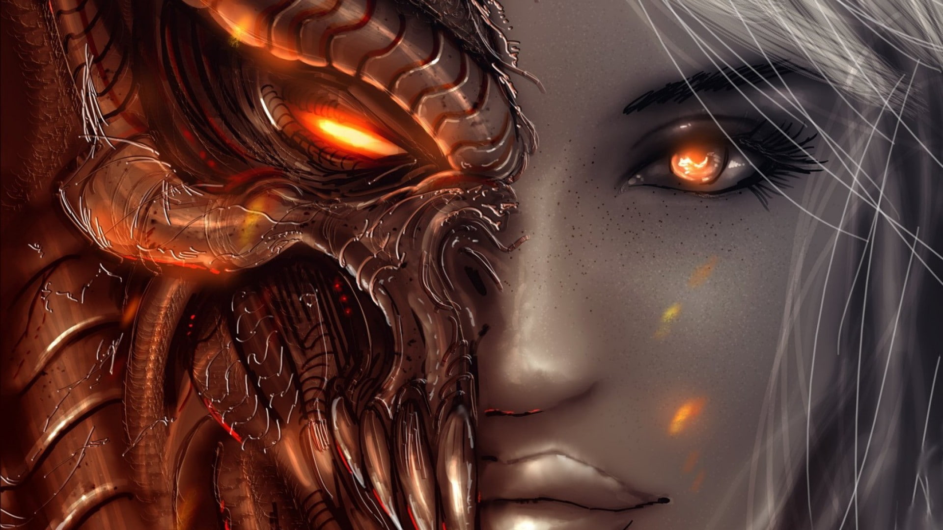 closeup, 1080P, face, angel, demon, Diablo III, eyes, women, fantasy art, video games, HD Wallpaper