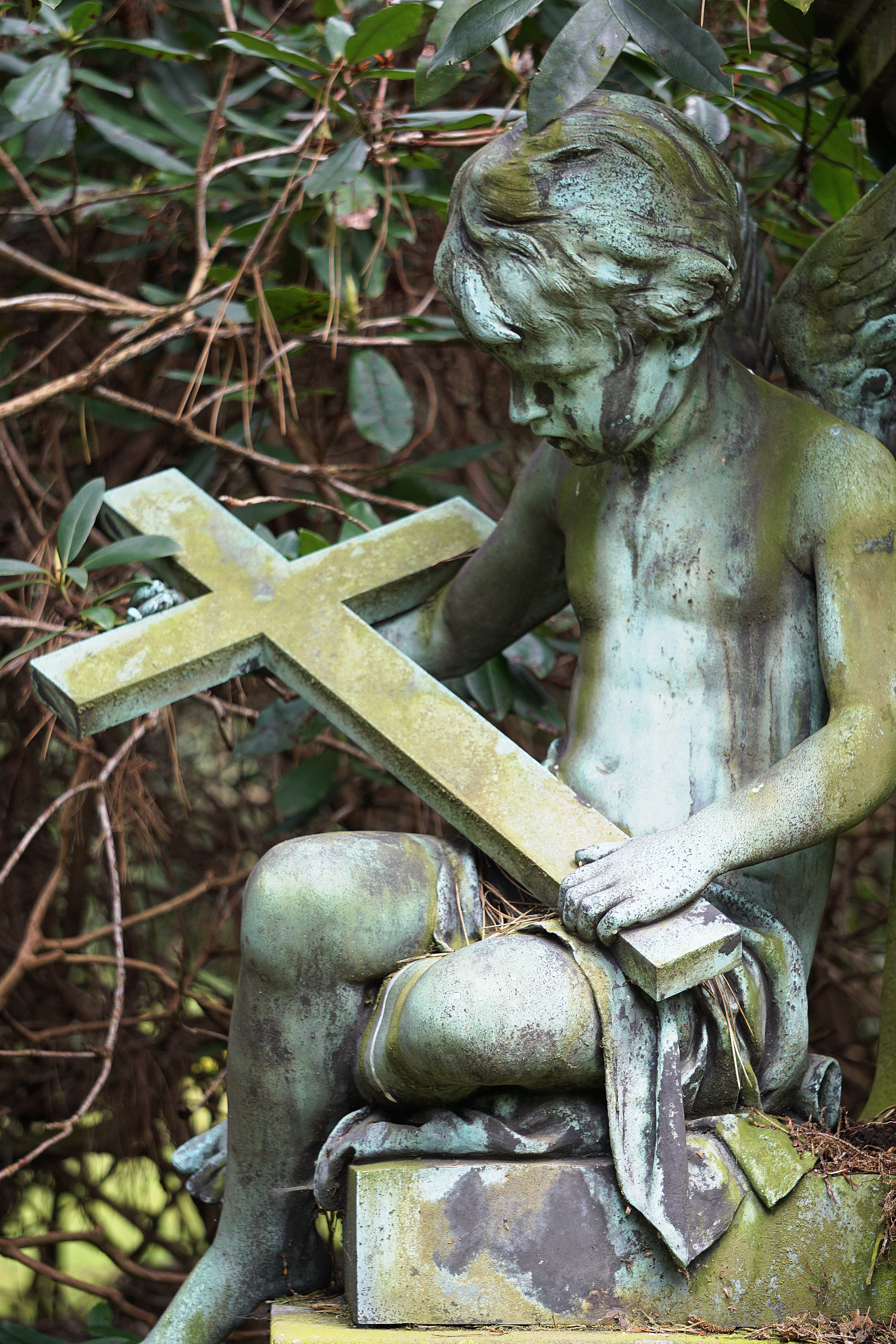 human representation, outdoors, religion, cherub, sculpture, cemetery, symbol, focus on foreground, mourning, plant, angel, weathered, guardian angel, death, Phone HD Wallpaper