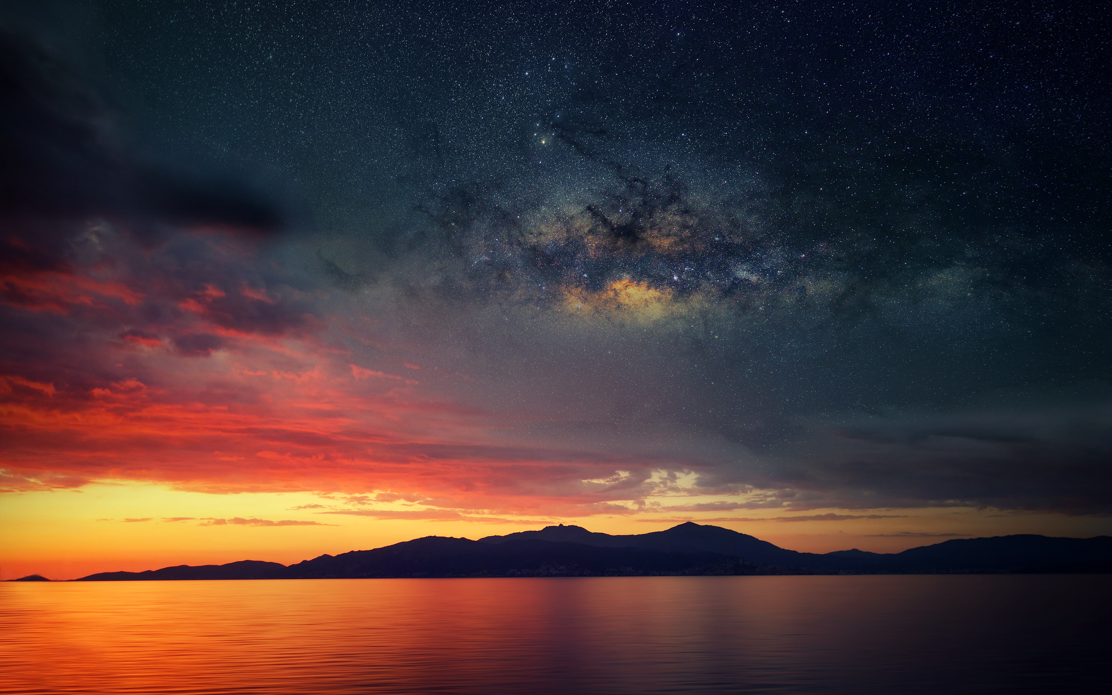black, water, stars, silhouettes, galaxy, night, yellow, mountain, galaxies, cloud - sky, astronomy, tranquil scene, mountain range, 4K, hour, landscape, HD Wallpaper