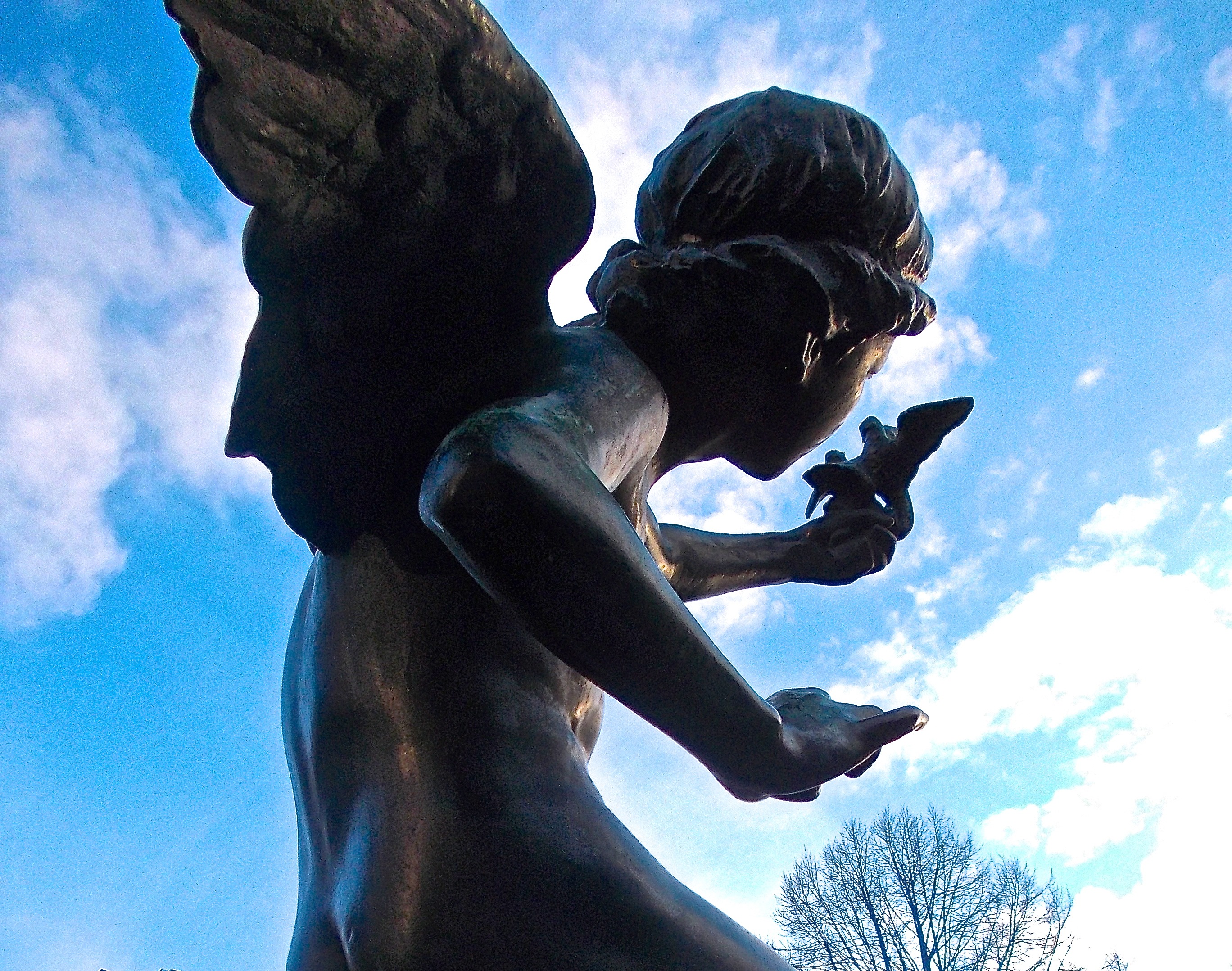blue, statue, nature, silhouette, sculpture, angel, fine art statue, shirtless, 2K, creativity, sky, lifestyles, low angle view, craft, male likeness, HD Wallpaper