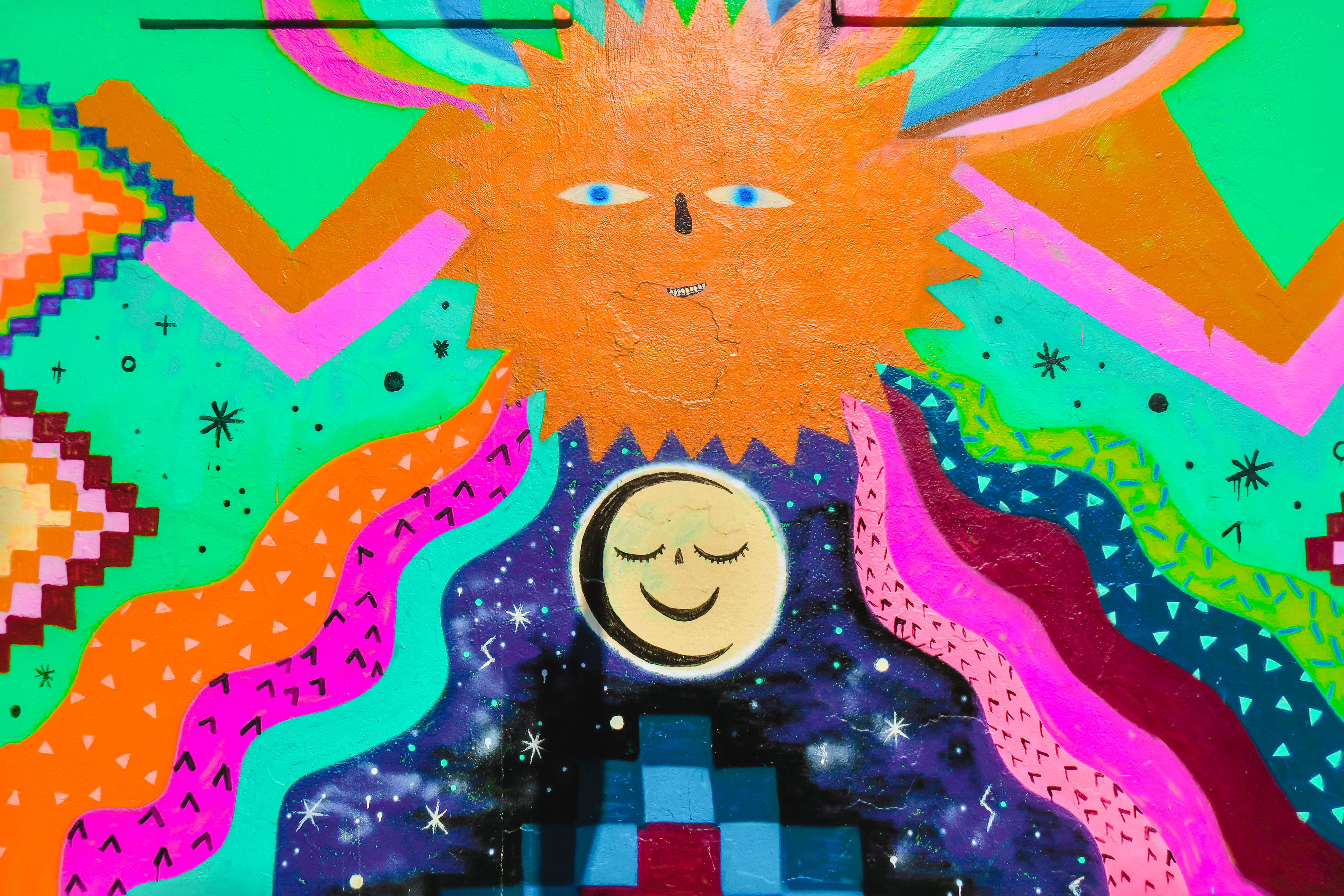 creativity, face, geometric, art and craft, color, skies, abstract, vibrant color, screensavers, sun, bright colors, wall - building feature, screensaver, HD Wallpaper