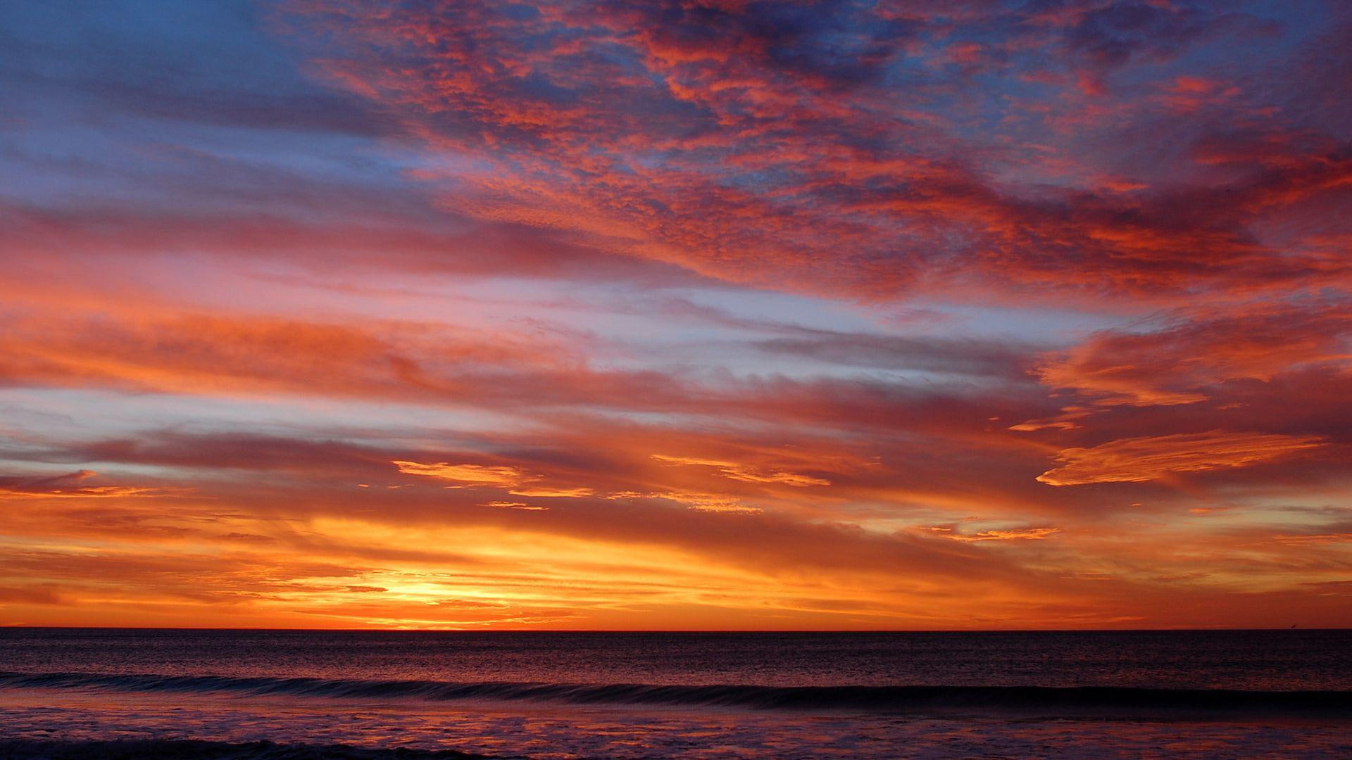 beaches, sunset, ocean, sky, orange, meets, 1920x1080, 1080P, HD Wallpaper