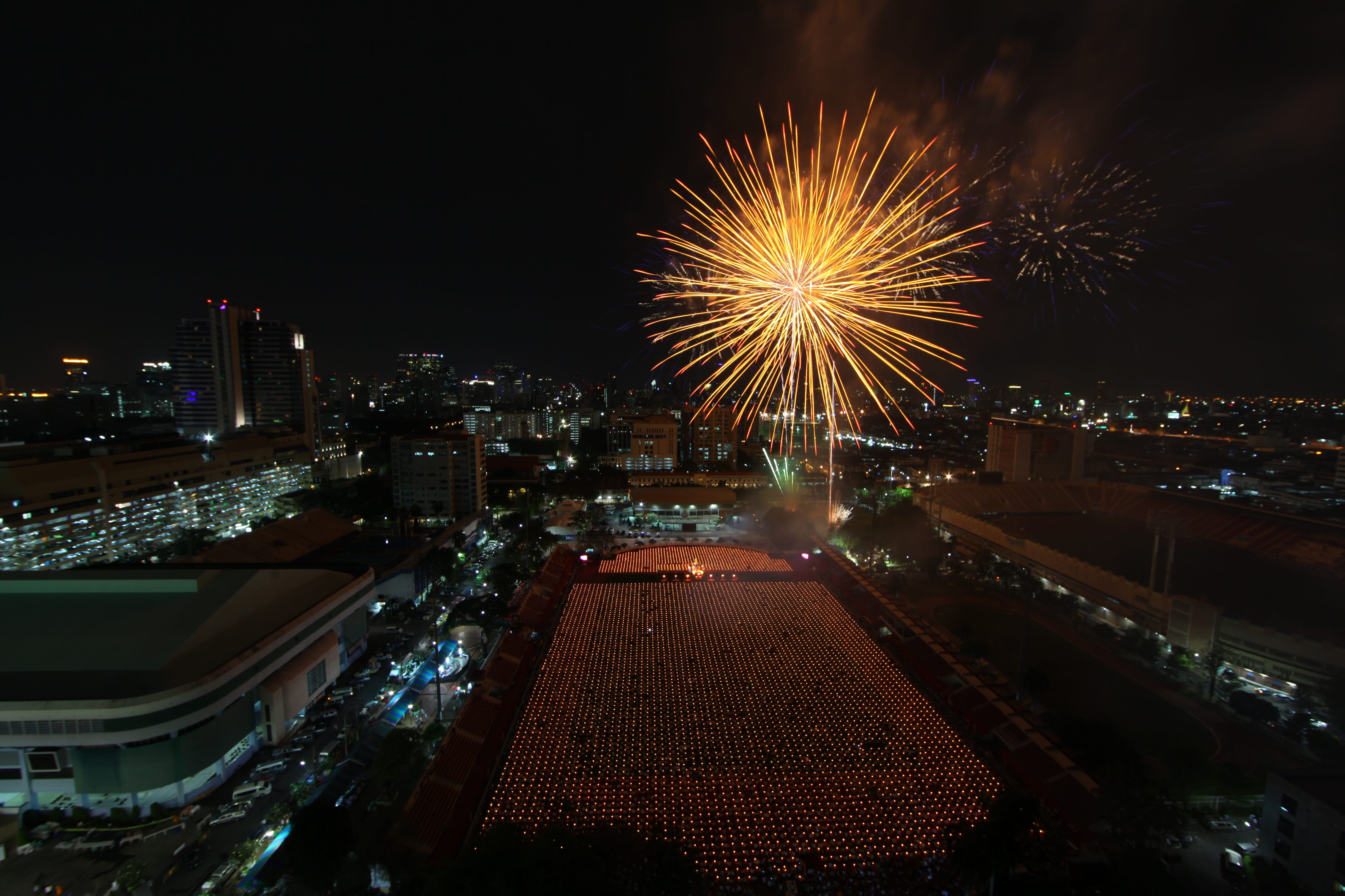 group, celebration, building exterior, built structure, outdoors, motion, architecture, Ceremony, sky, illuminated, praying, bangkok, firework - man made object, HD Wallpaper