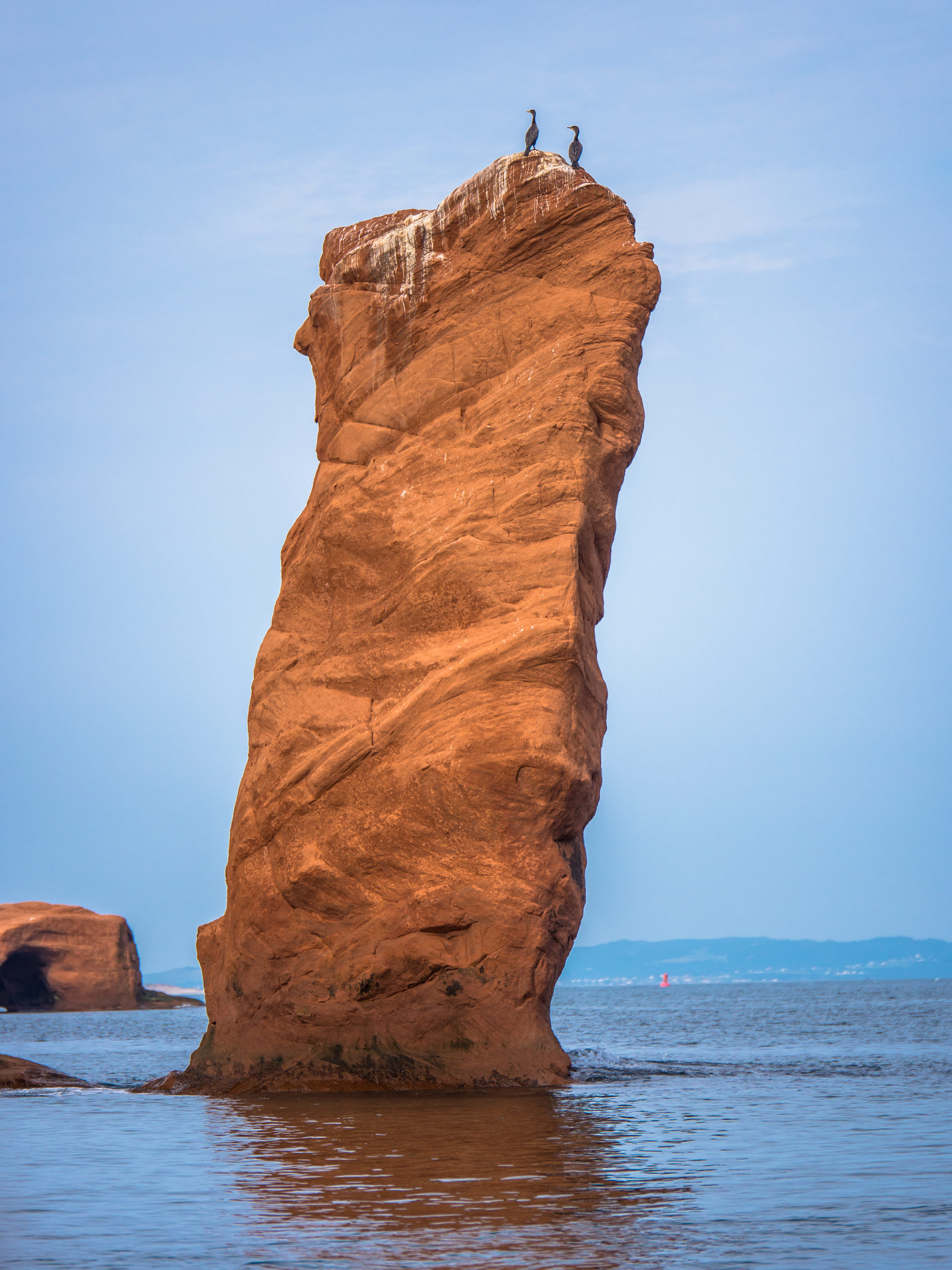 bird, sea, physical geography, outdoors, blue, pinnacle, lake, stack rock, day, rock, non-urban scene, eroded, idyllic, solid, nature, rock - object, tranquility, Phone HD Wallpaper