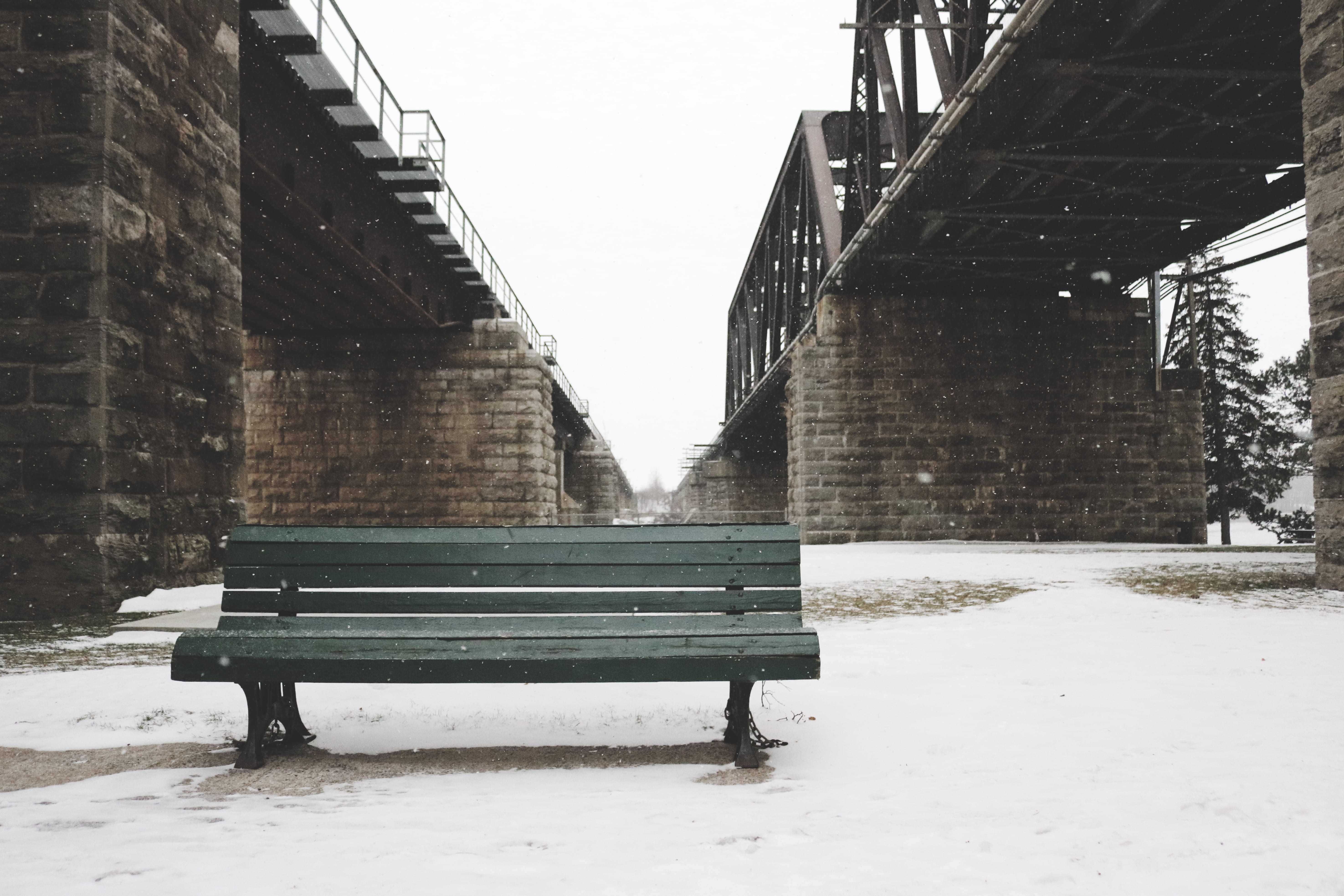 park bench, built structure, green, 5K, no people, outdoors, architecture, underpass, traintrack, day, sky, brick wall, field, building exterior, park, HD Wallpaper