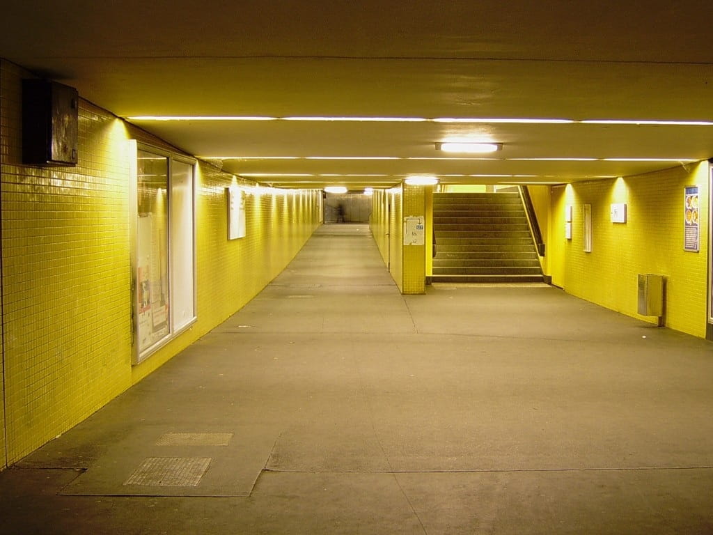 ceiling, lighting equipment, pedestrian tunnel, subway, flooring, the way forward, illuminated, transportation, underground, architecture, building, diminishing perspective, HD Wallpaper
