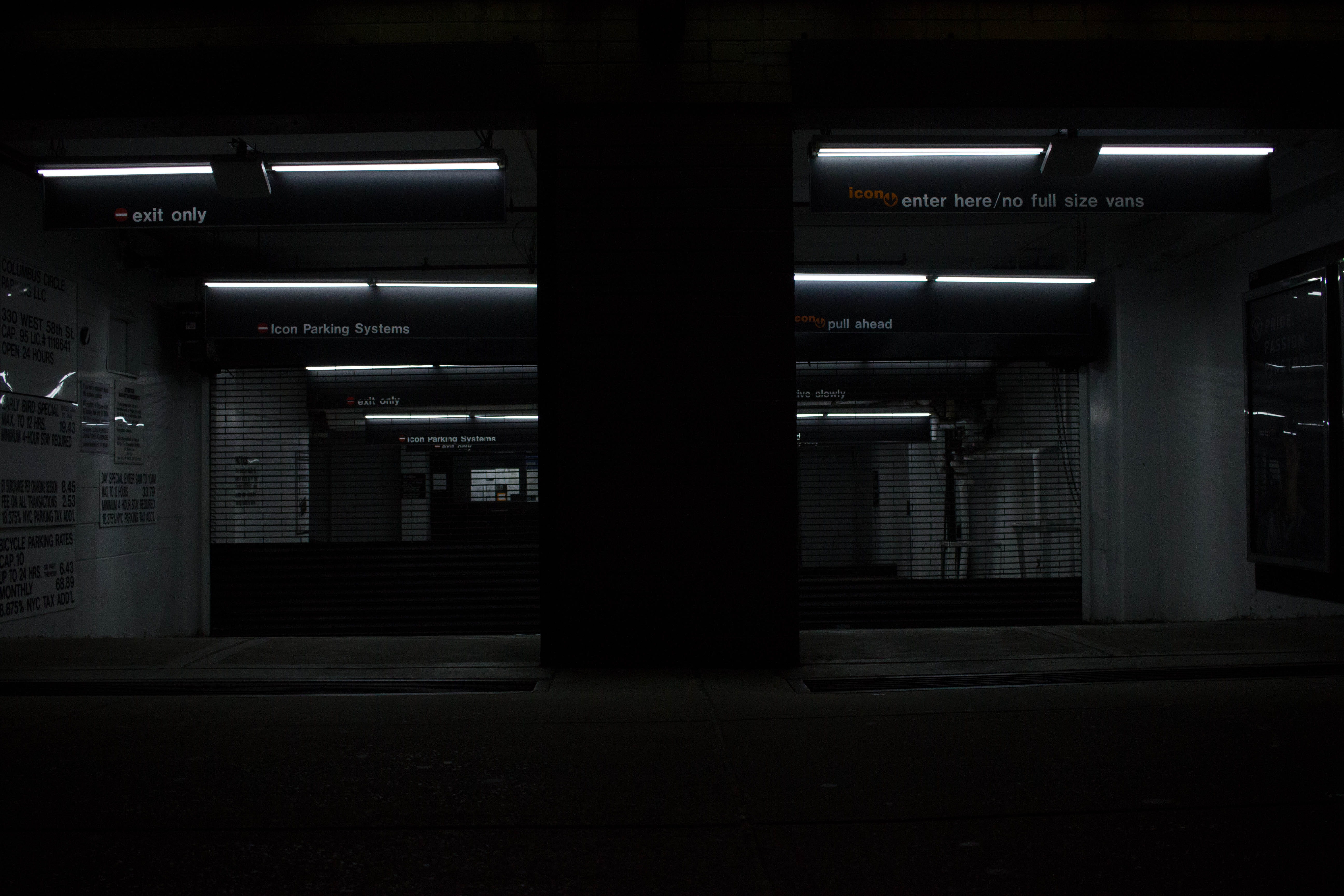 parking lot, gray, built structure, ceiling, illuminated, transportation, fluorescent light, gate, subway station, communication, city, dark, garage, empty, HD Wallpaper