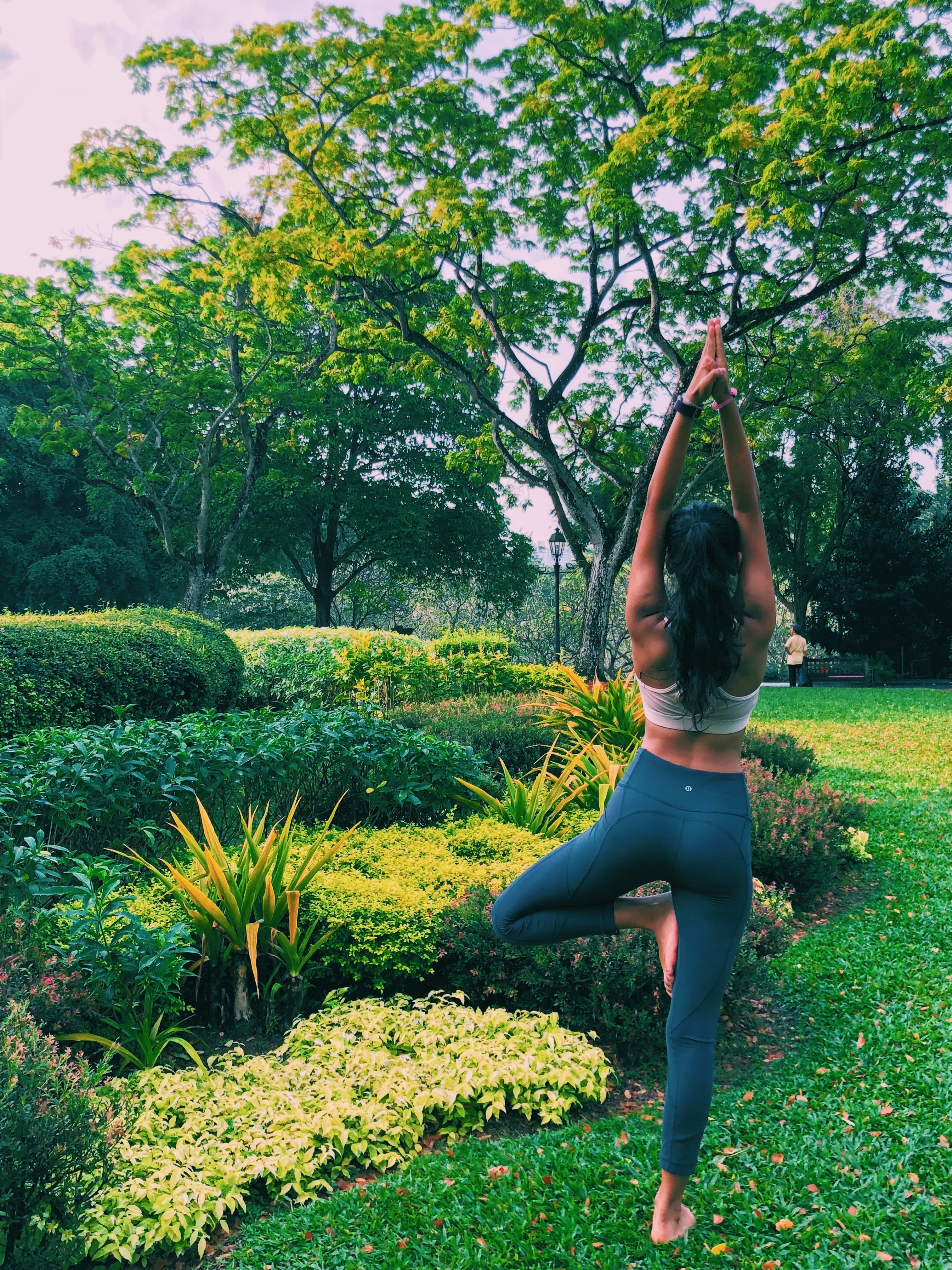 person, young women, 4K, garden, human arm, stretch, plant, female, tranquility, sunlight, grass, fitness, arbour, relaxation exercise, arms raised, outdoors, Phone HD Wallpaper