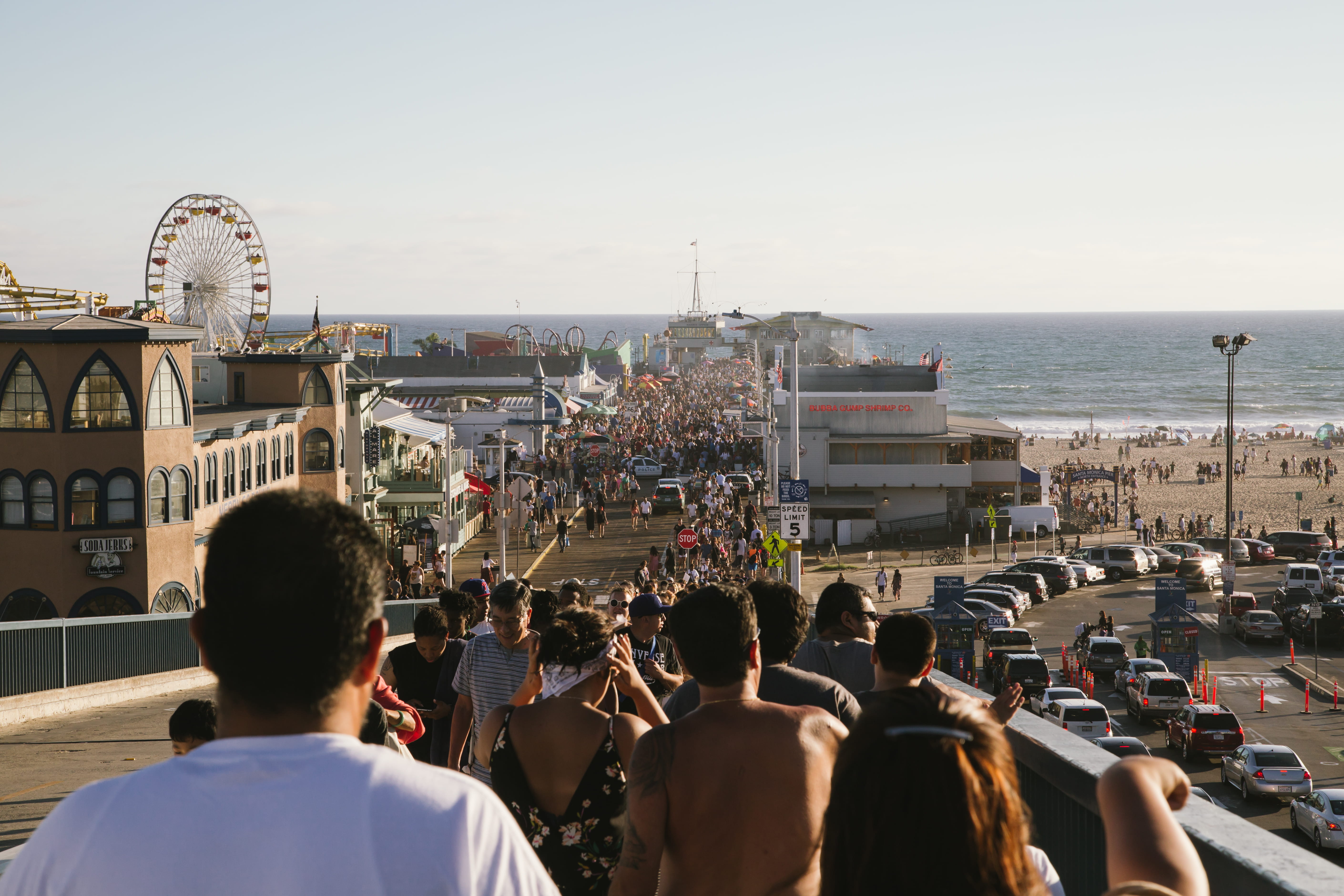 ferris wheel, rear view, boardwalk, lifestyles, walking, real people, sea, nature, coast, fairground, water, beach, amusement park, bathing suit, person, HD Wallpaper