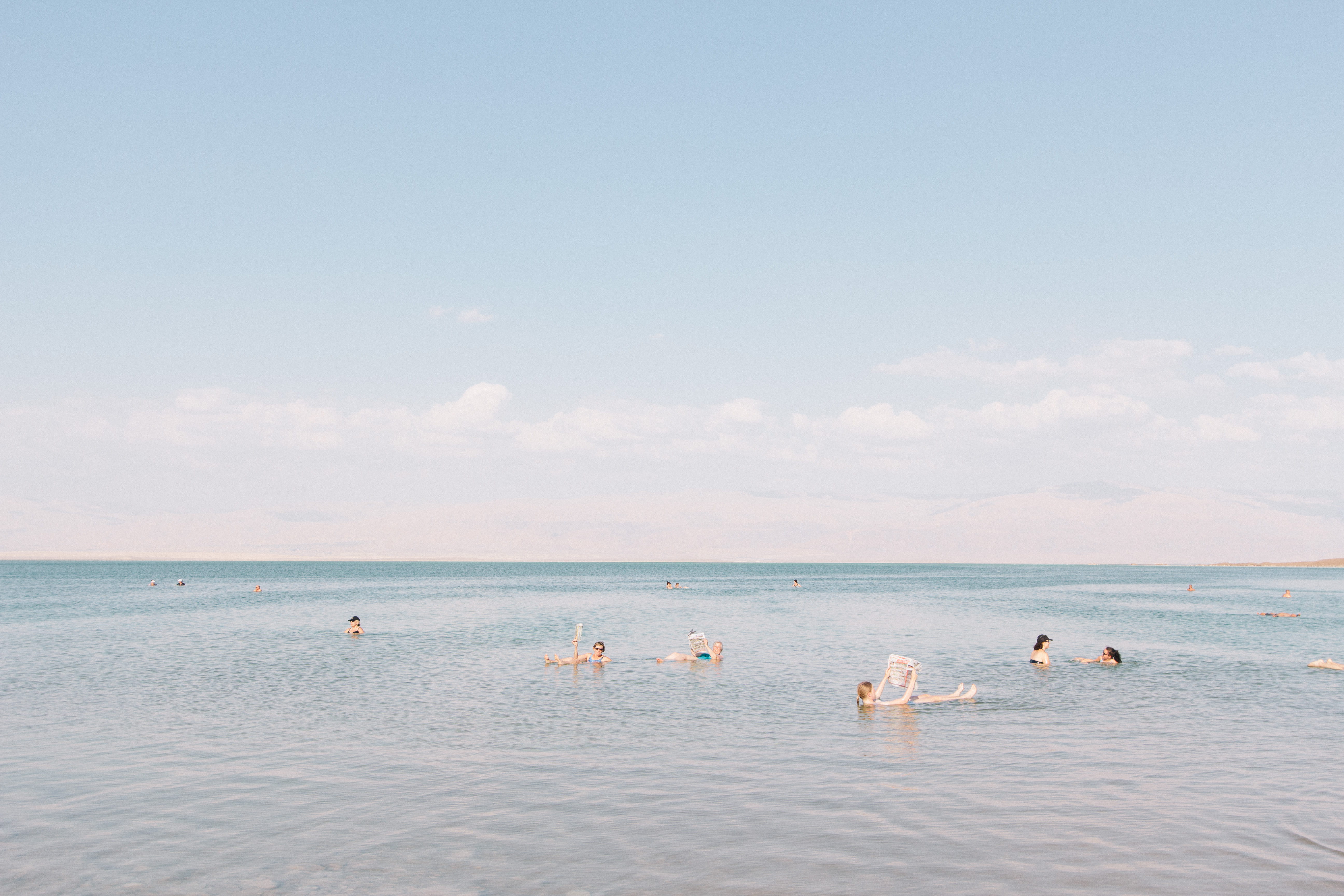 horizon, sky, tourism, group of animals, cloud, ponytail, dead sea, water, daytime, 5K, israel, swimming, ocean, swim, animal, woman, non-urban scene, HD Wallpaper