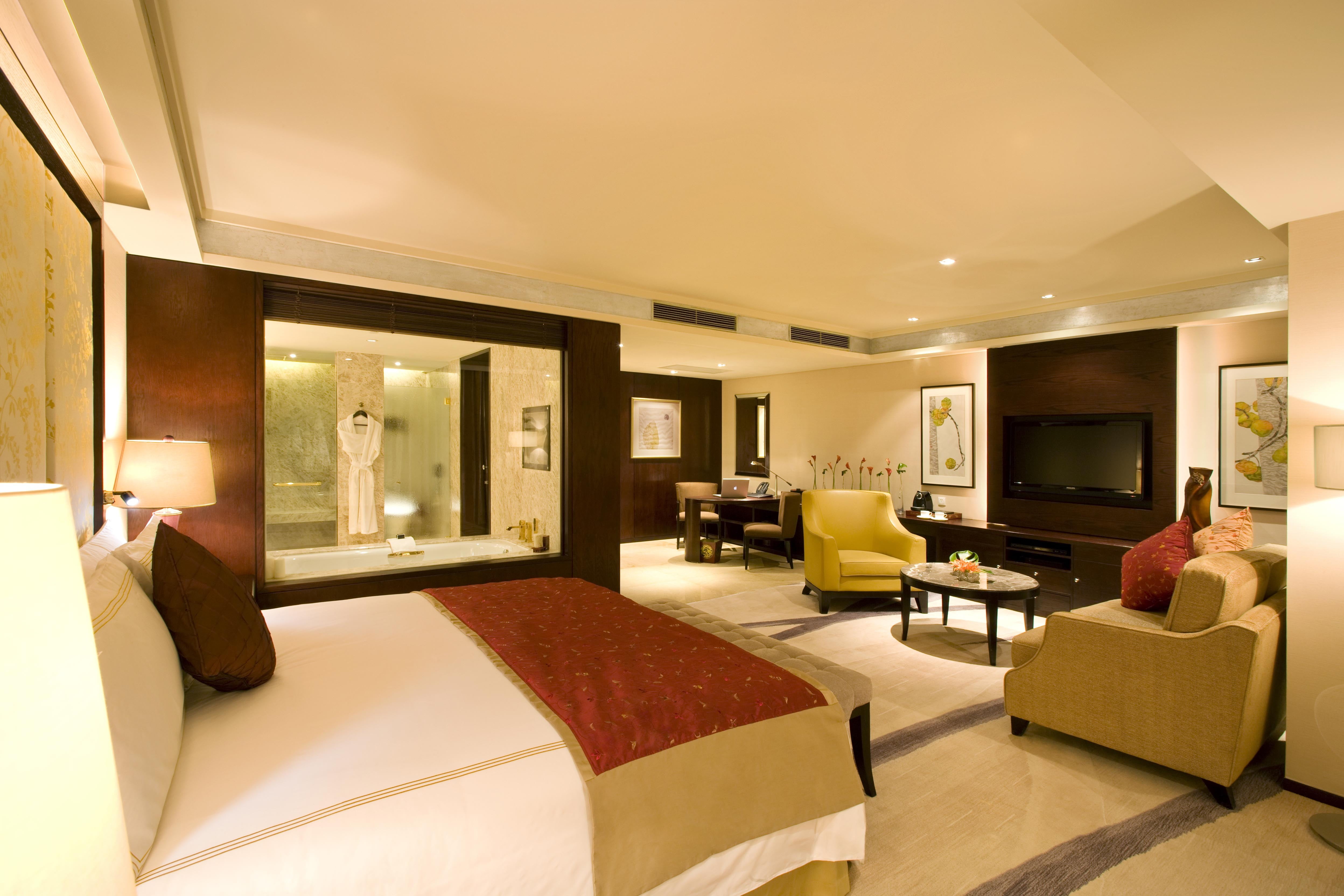 living room, bath, ceiling, home, luxury, TV, bed, illuminated, absence, room, built structure, lighting equipment, seat, electric lamp, sofa, beige, design, HD Wallpaper