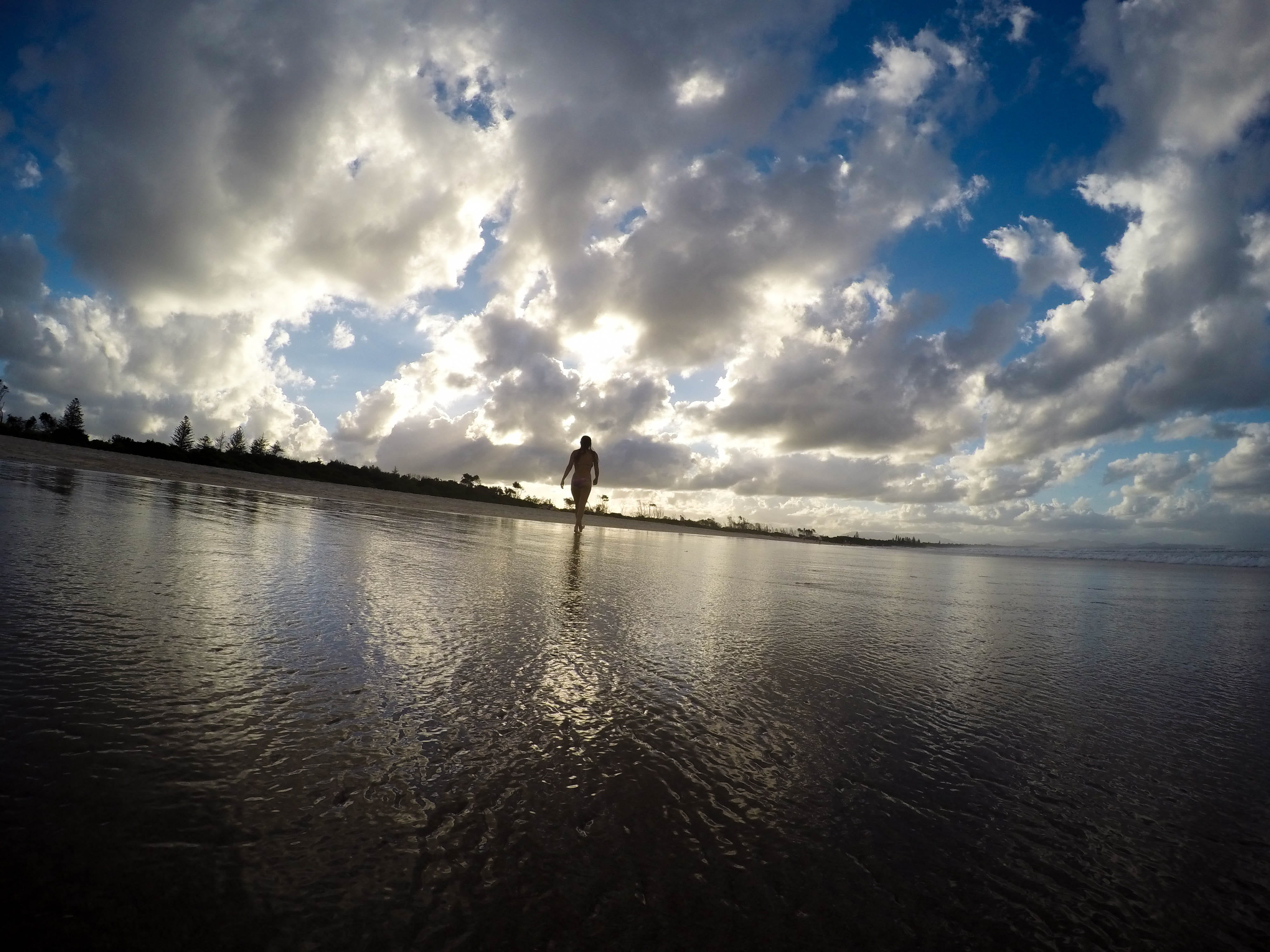 waterfront, scenics - nature, cloudy, sunset, stormy, female, land, cloud - sky, one person, sky, tree, byron bay, bathing suit, tranquility, gopro, real people, HD Wallpaper