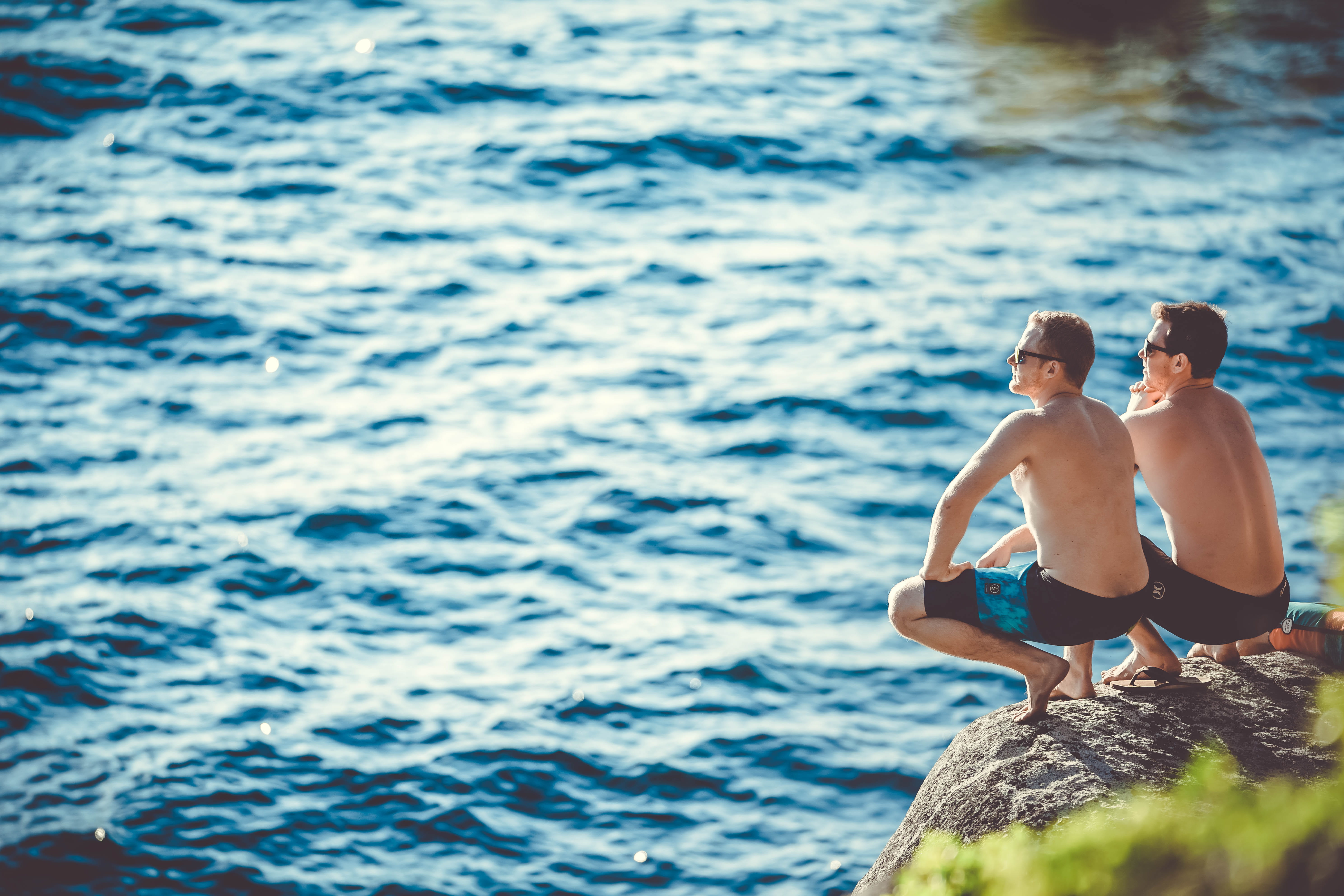 water, outdoors, sunlight, rock, day, cliff, summer, people, person, boys, daytime, swimwear, blue water, men, outdoor, lifestyles, males, vacation, brown, HD Wallpaper