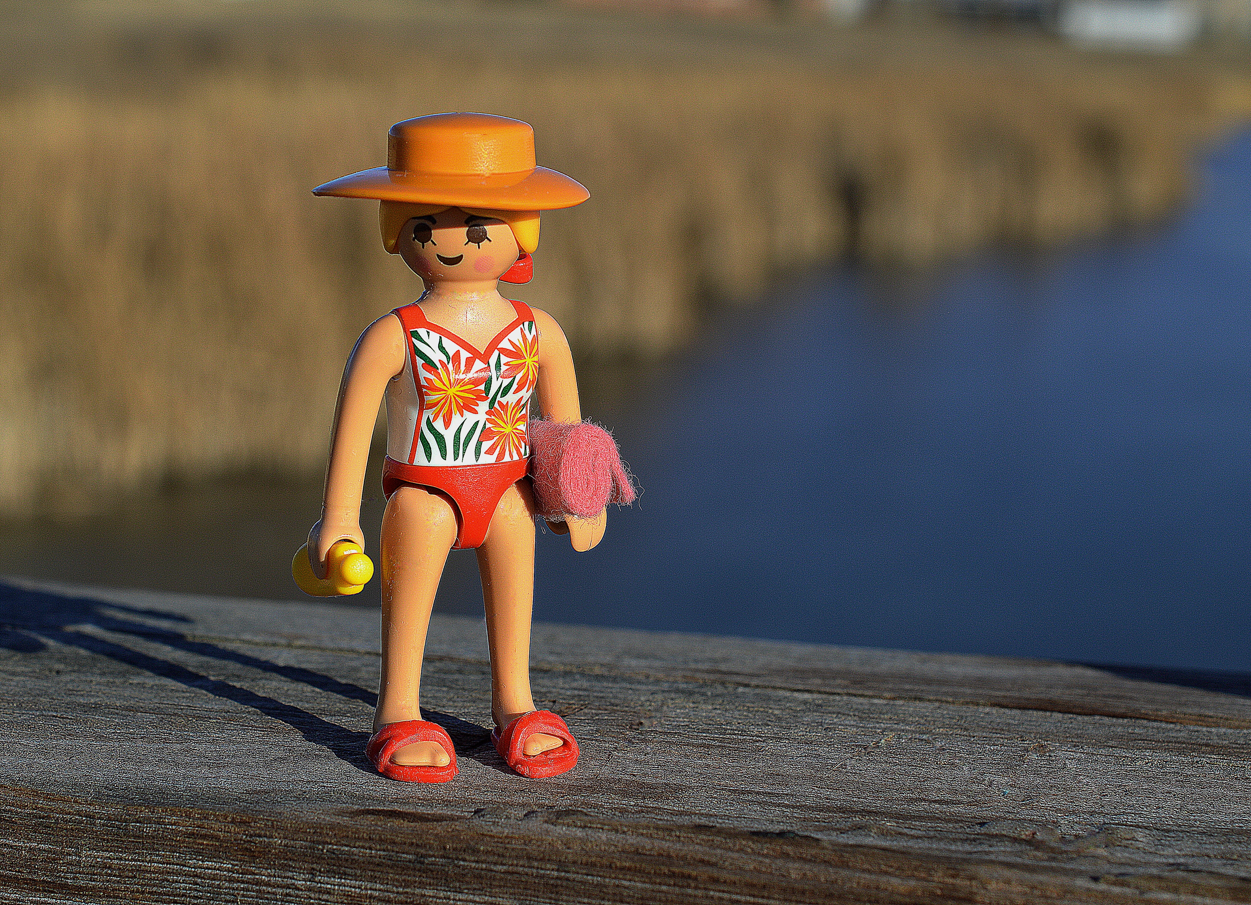 summer, sandals, action figure, girl, flip-flops, lake, vacation, swimsuit, hat, innocence, nature, female, child, leisure, water, 4K, swimwear, fashion, HD Wallpaper