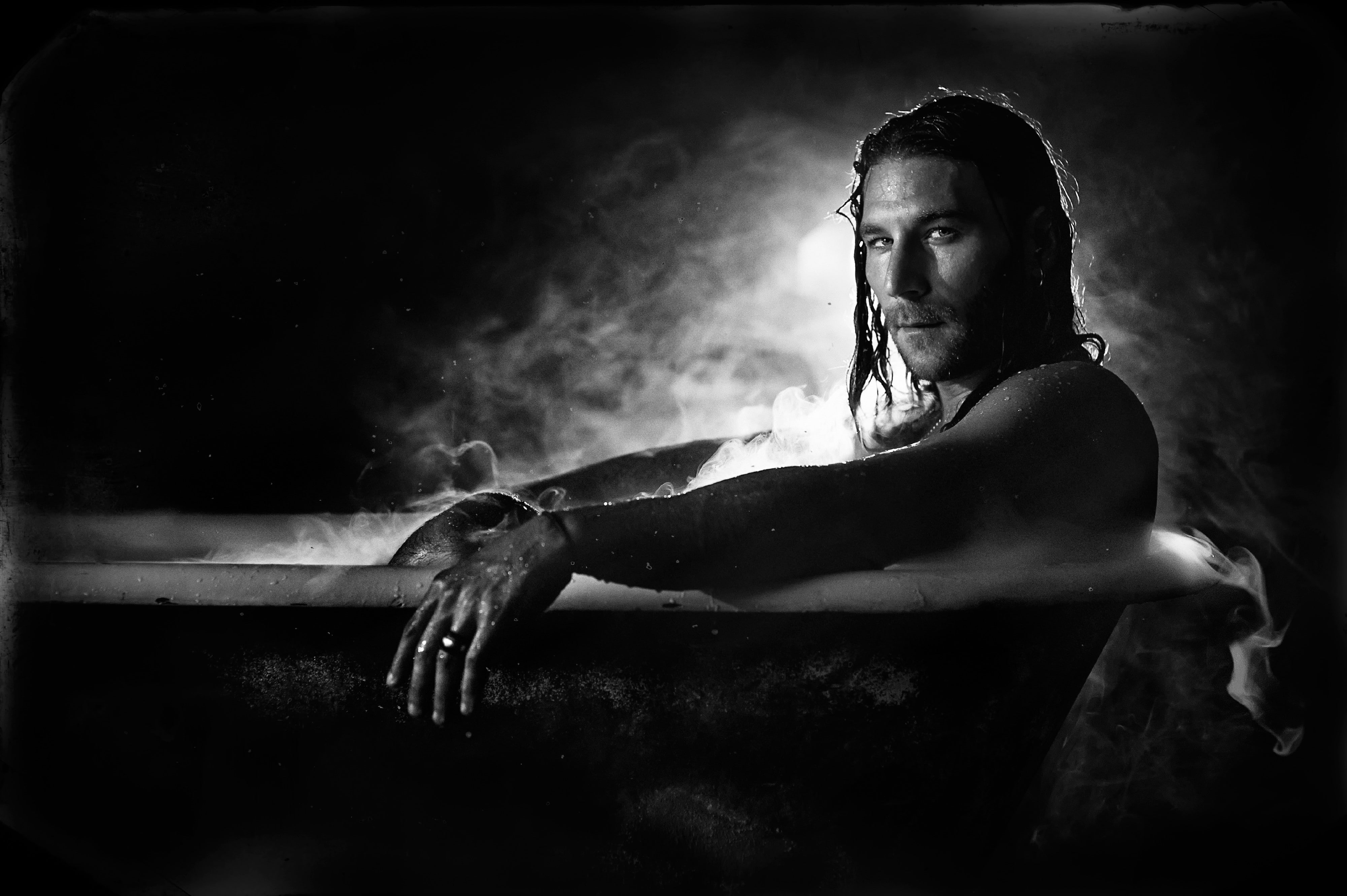 dark, looking at camera, Zach mcgowan, young adult, looking, spooky, Bath, smoke - physical structure, waist up, horror, portrait, adult, evil, 4K, sign, HD Wallpaper